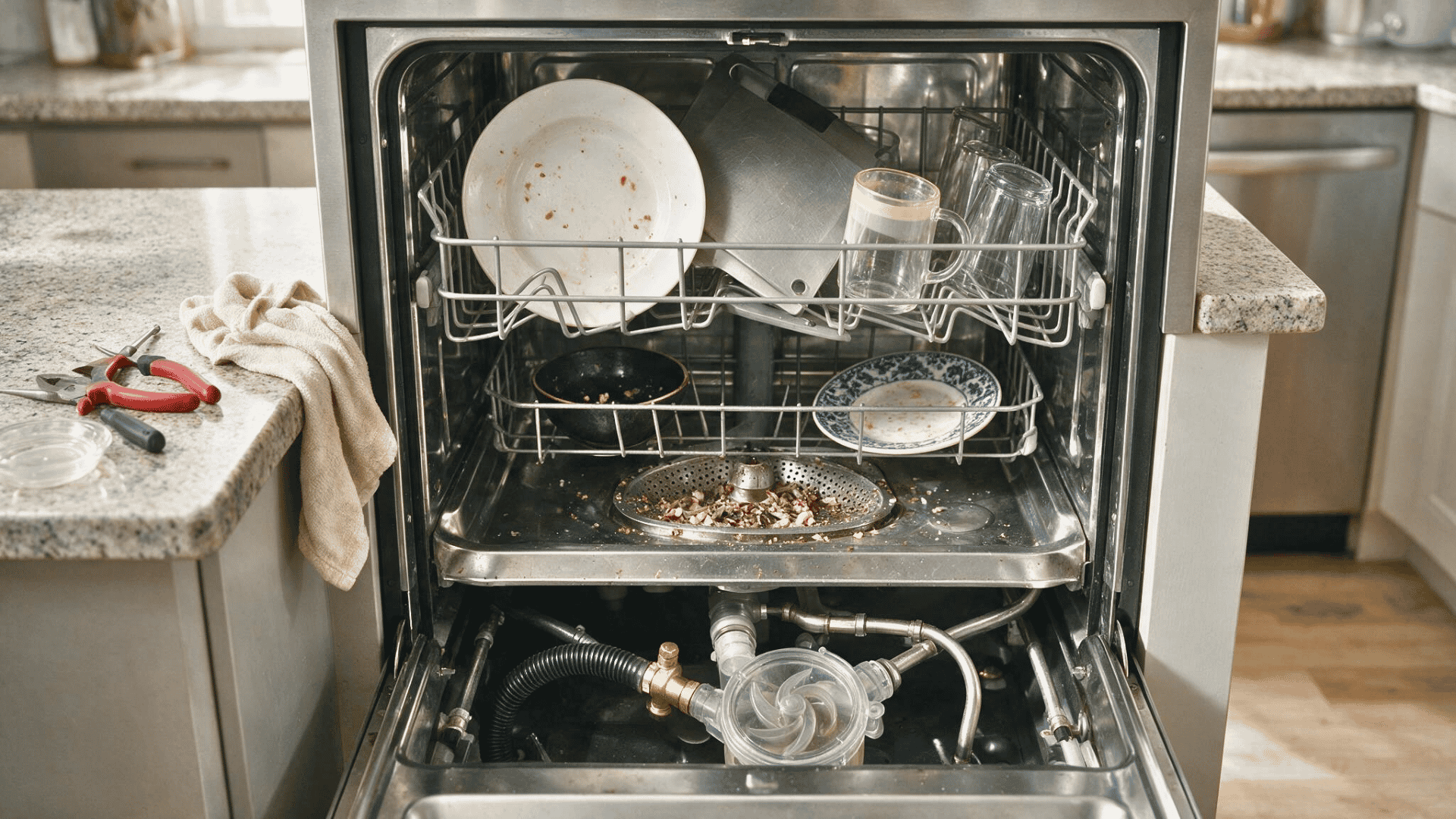 Dishwasher not draining with filter, hose, and pump areas checked for common drainage problems.