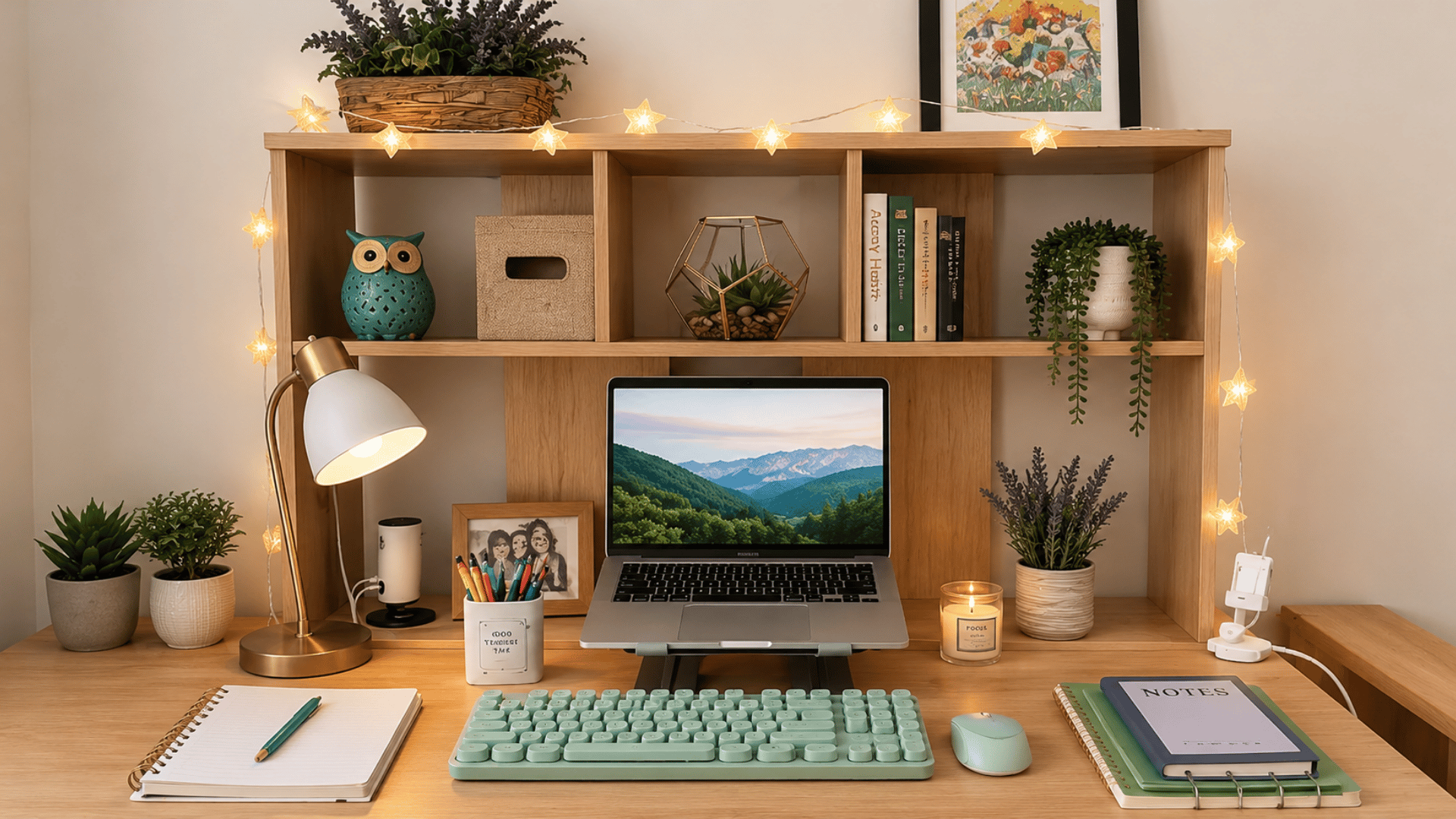 Cute dorm desk with pen holders, trays, and small succulents arranged neatly.