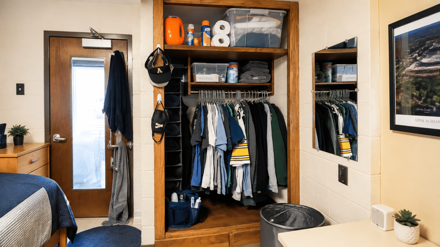 Organized dorm room closet with clothes, storage bins, shoes, and essentials arranged neatly in a small space.