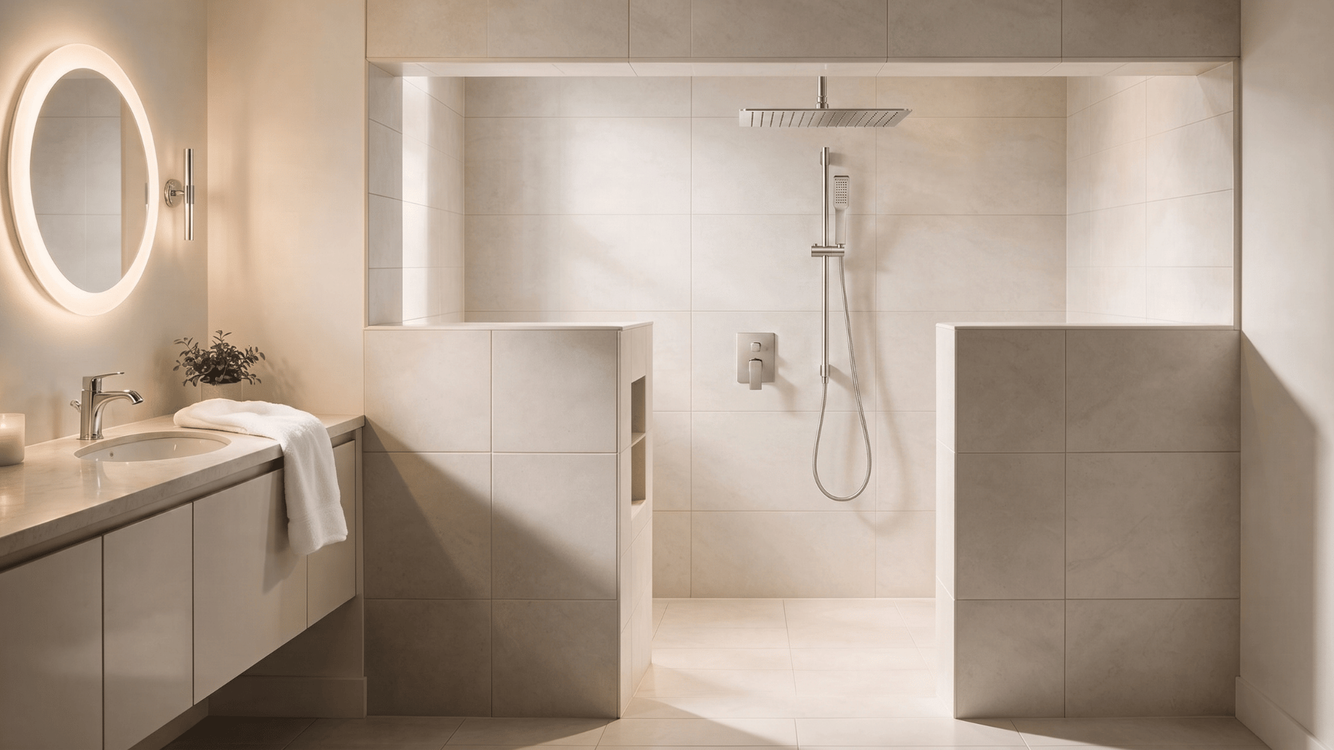 double pony wall shower with two symmetrical tiled half walls framing the shower entrance and recessed niche in a modern bathroom (1)