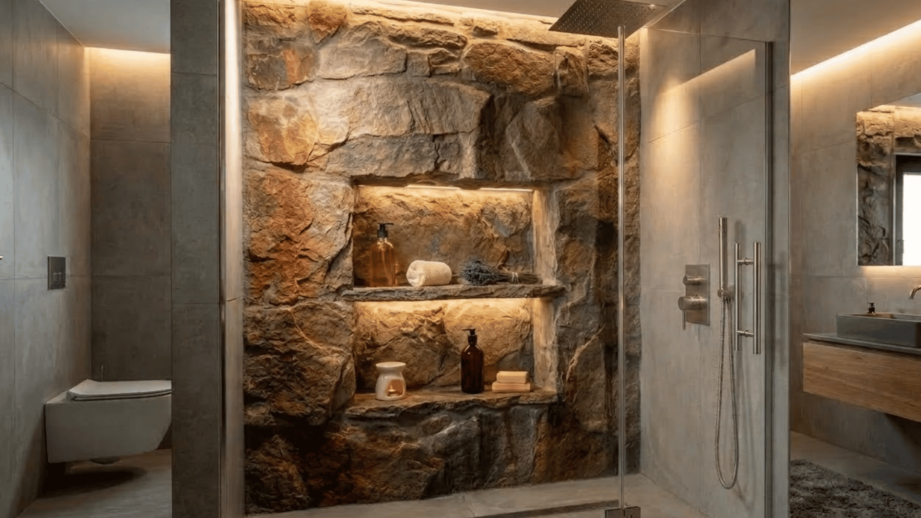 double stacked shower niche with toiletries and candles on a modern tiled shower wall (1)