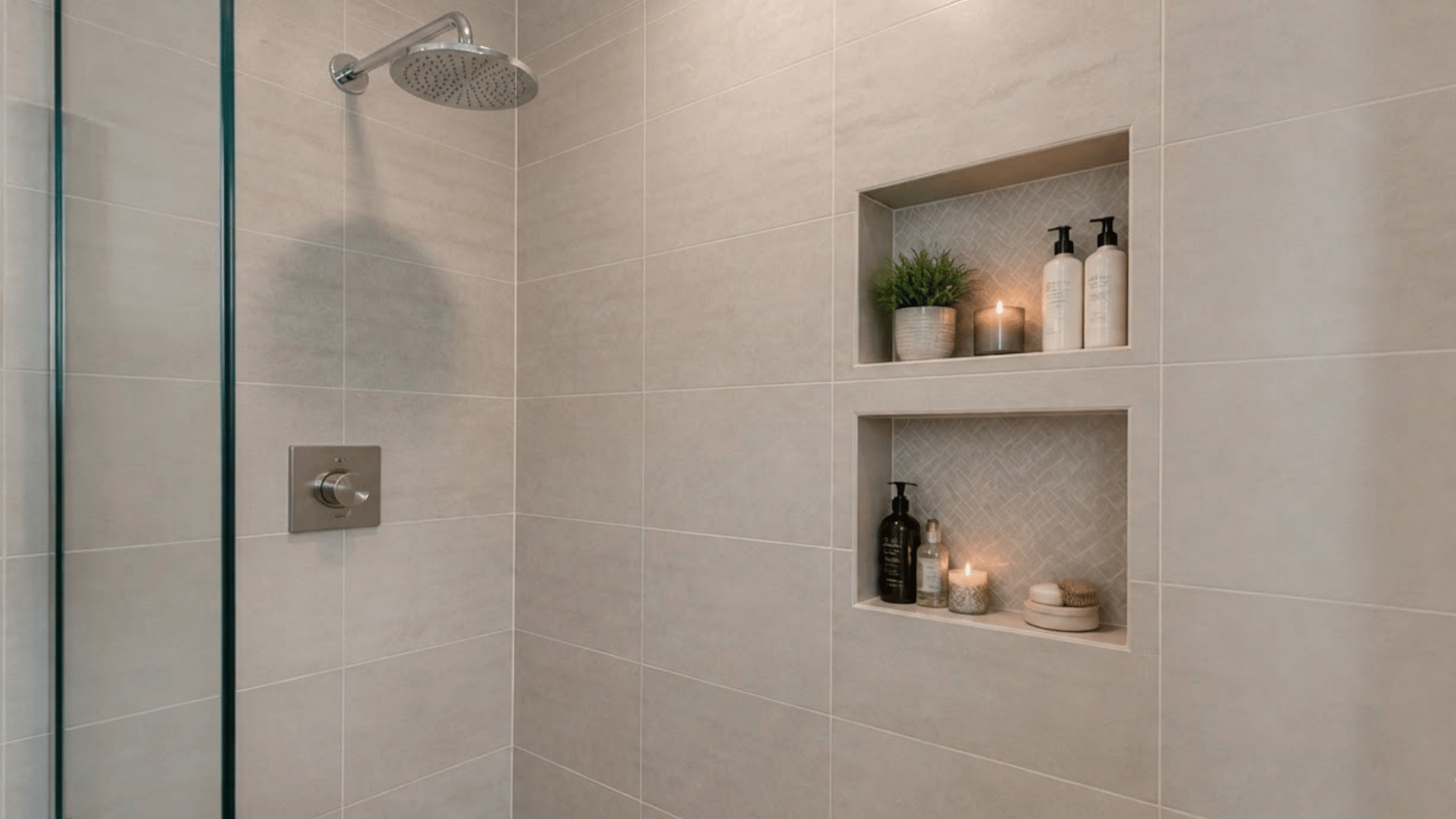 double stacked shower niche with toiletries and candles on a modern tiled shower wall