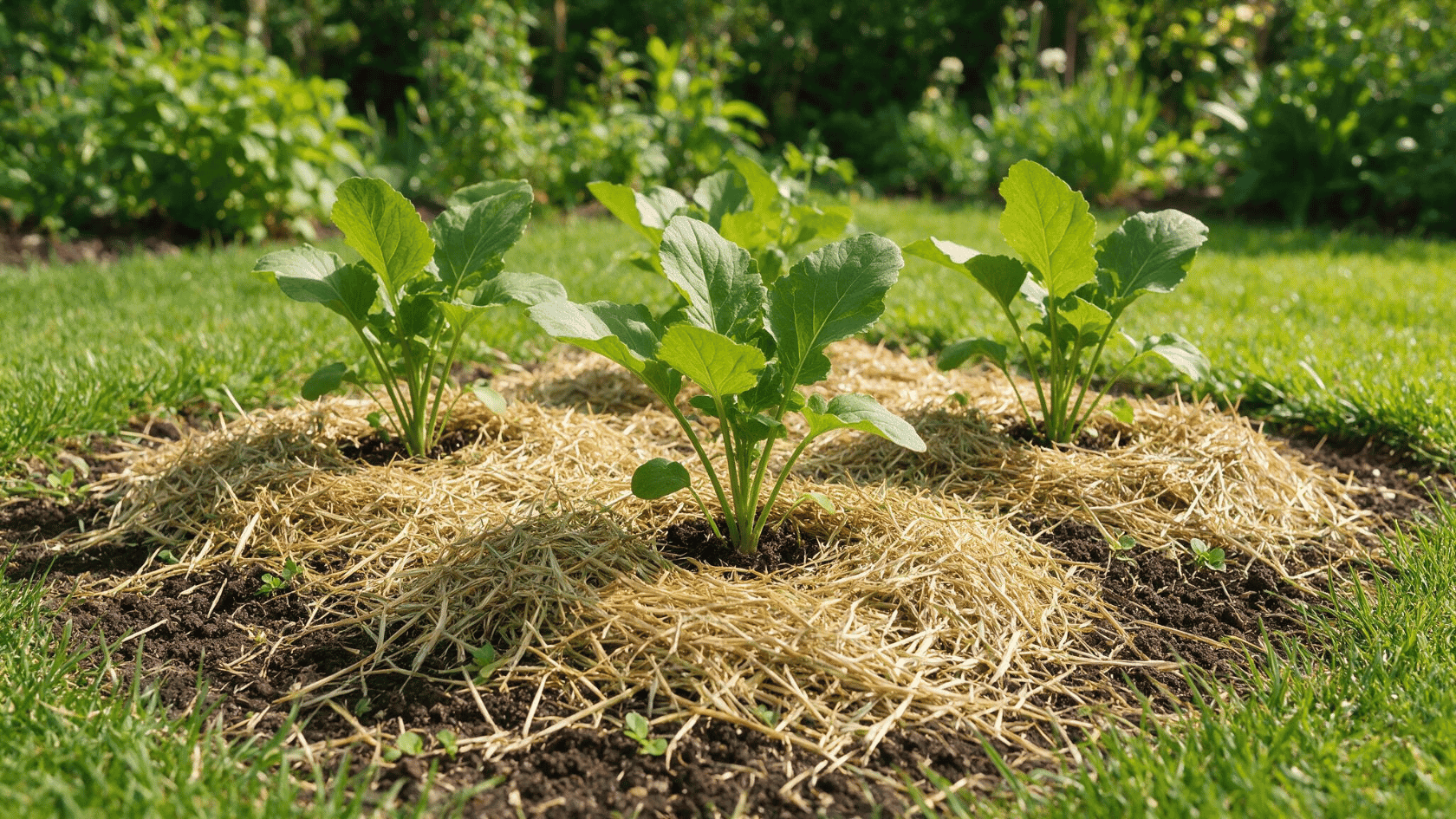 Dried grass clippings spread around plants as a protective mulch layer
