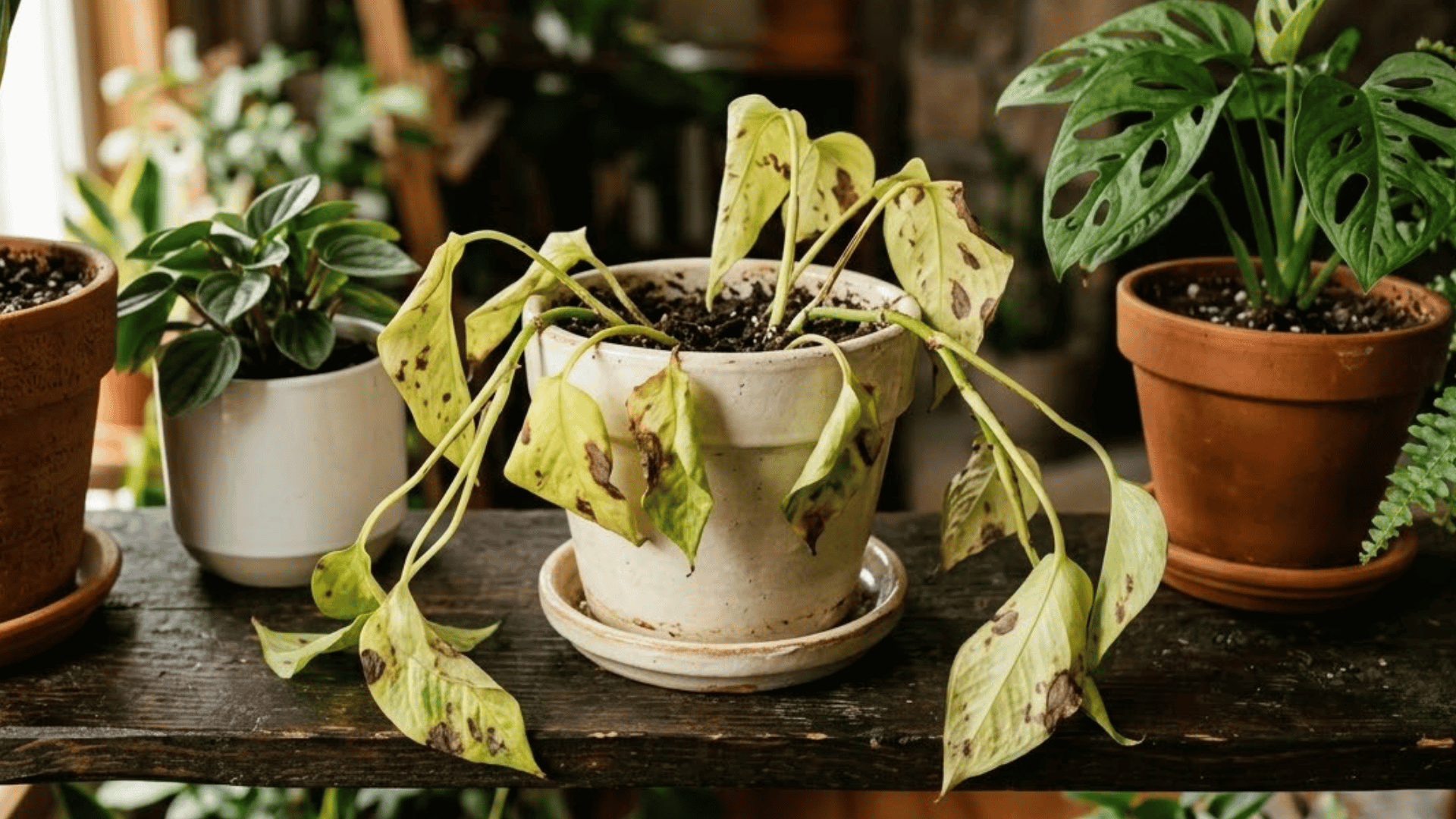 drooping and curling pothos plant with pale yellowing leaves and brown spots in a ceramic pot