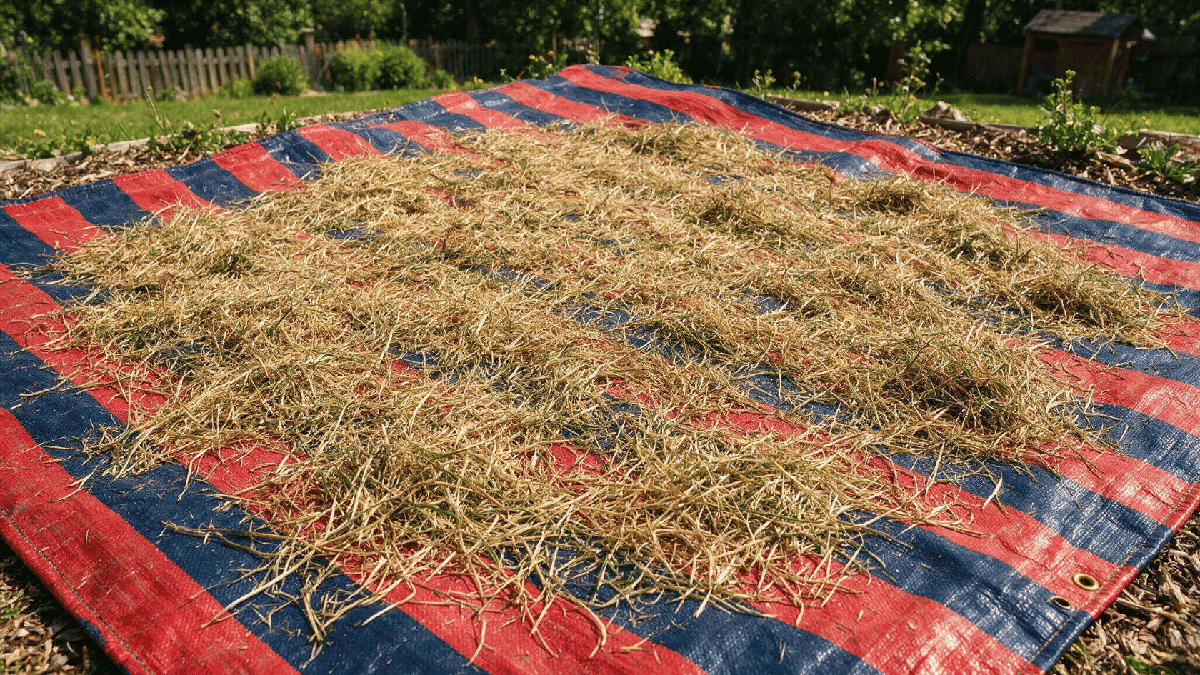 Drying fresh grass clippings on a tarp before using them as garden mulch