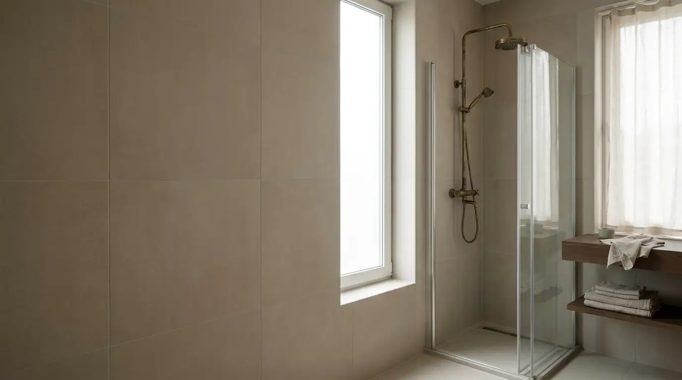 Minimalist bathroom with glass shower enclosure and beige tiles under soft natural light