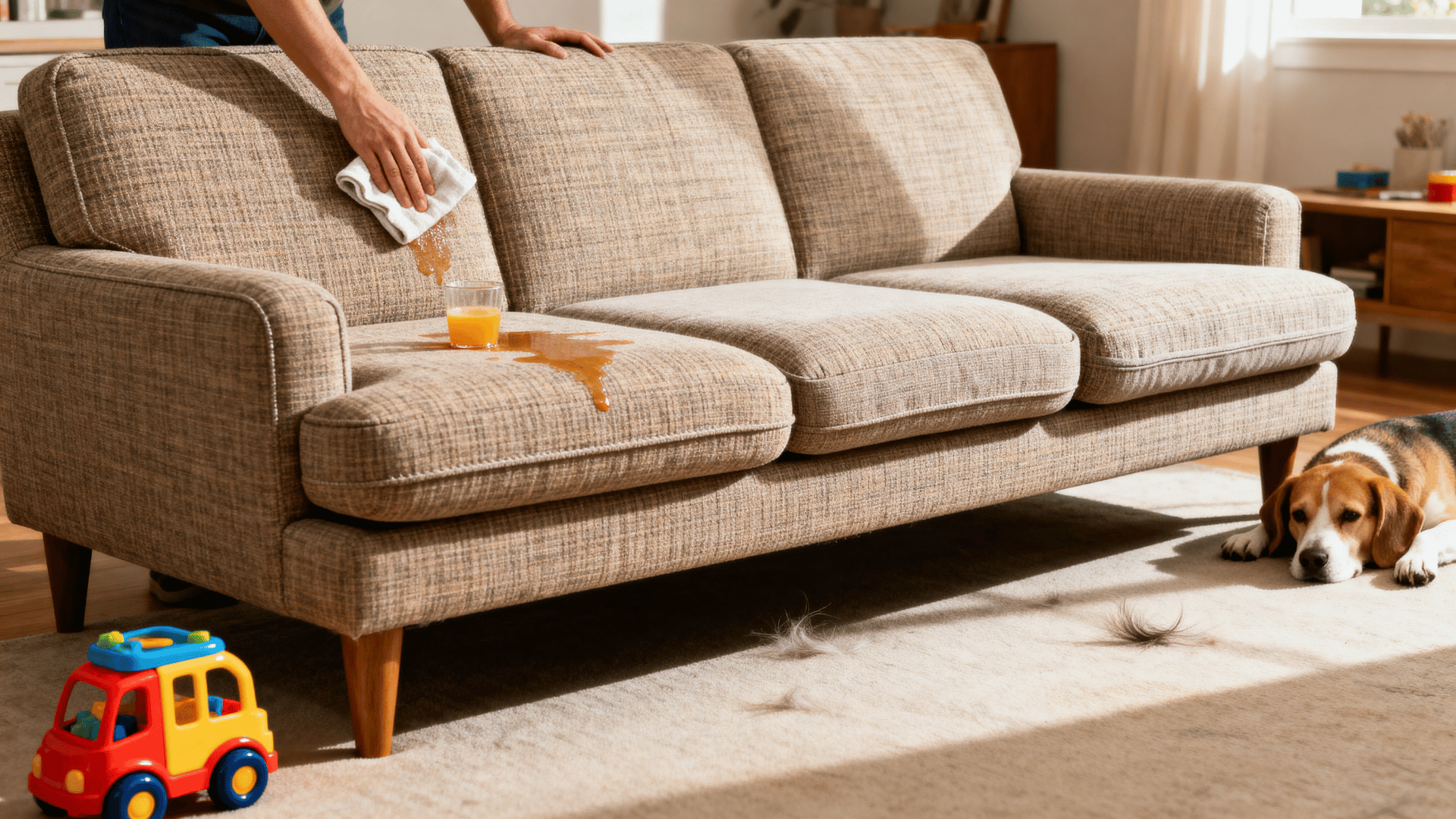durable beige sofa with a juice spill child toy resting dog and loose dog hairs in a bright family living room
