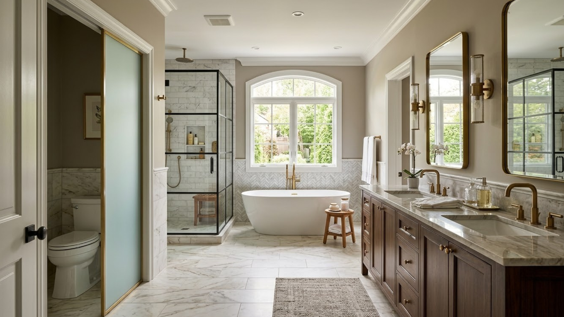 elegant bathroom with private toilet glass shower freestanding tub long wooden vanity and bright arched window (1)
