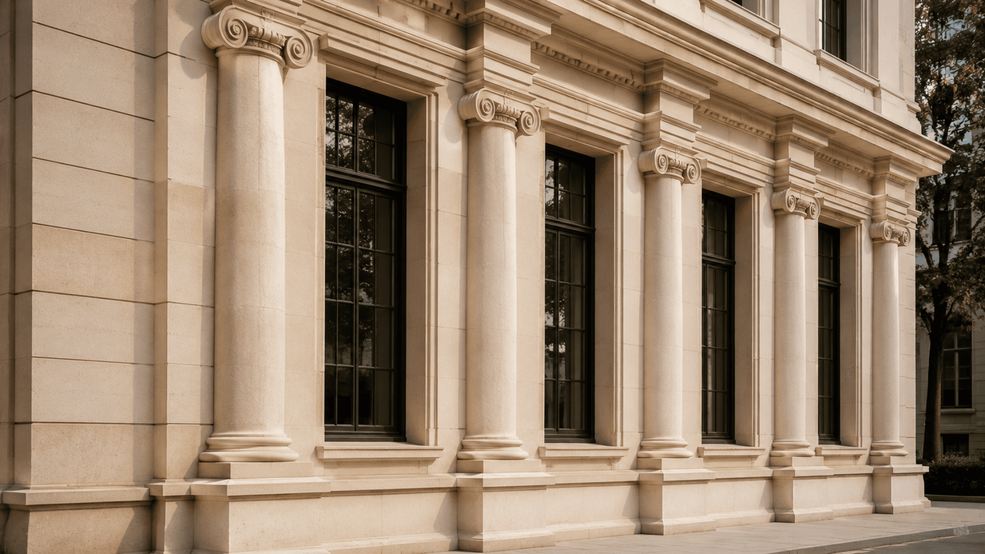 engaged ionic columns attached to a neoclassical building facade with carved stone details and windows