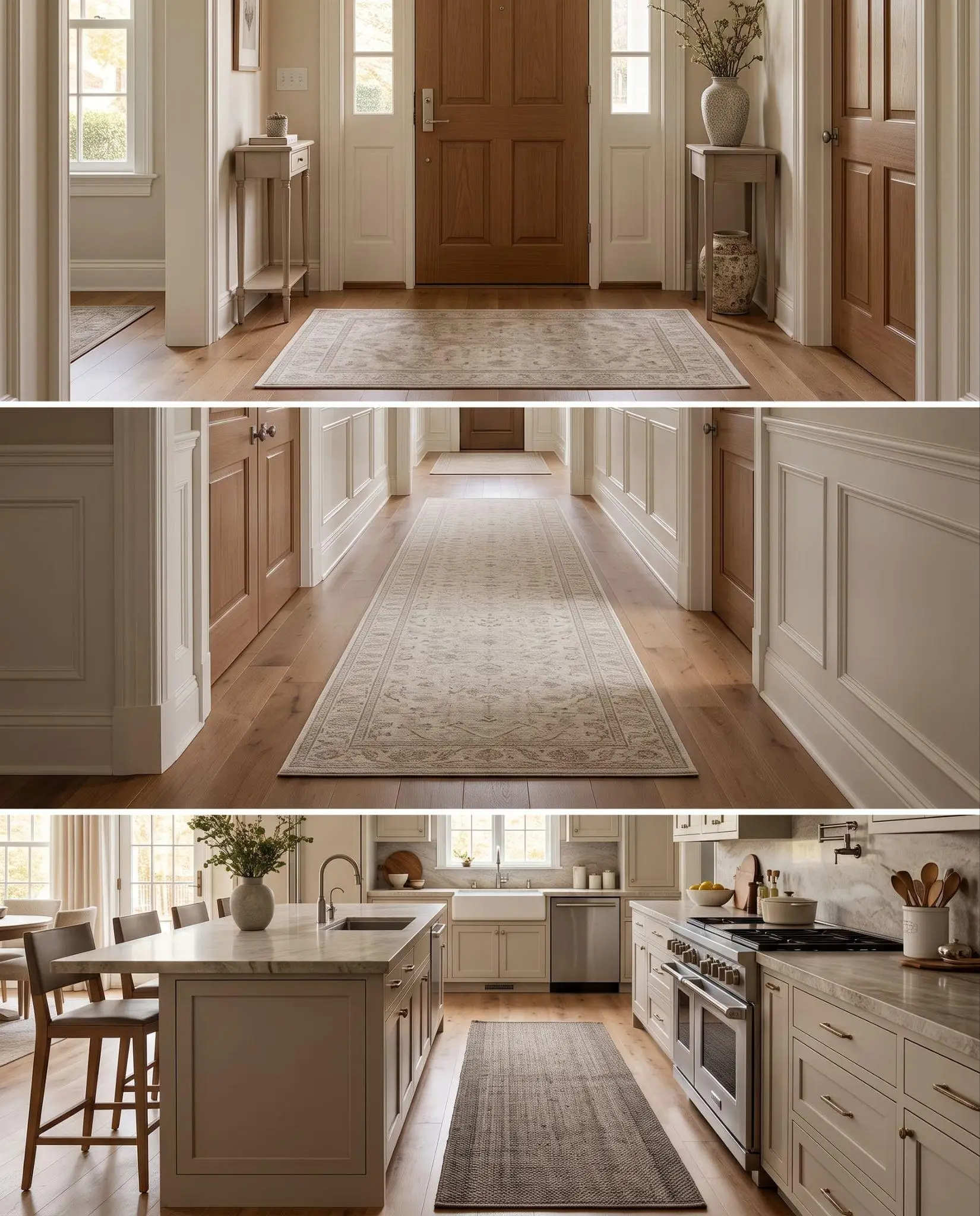Three room interiors featuring light wood flooring, beige rugs, and neutral-toned furnishings