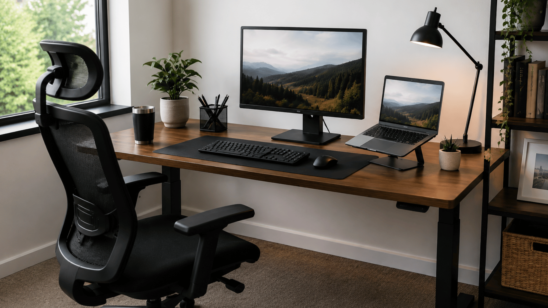 ergonomic office workstation with adjustable chair monitor laptop keyboard and mouse arranged on a modern desk