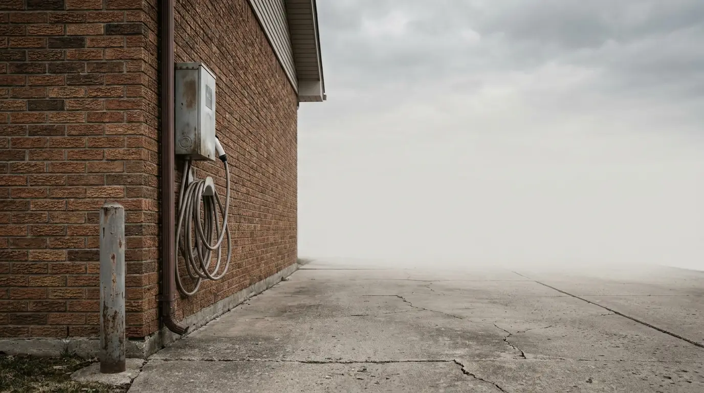 Brick wall with utility box and coiled hose, facing a foggy, empty concrete lot