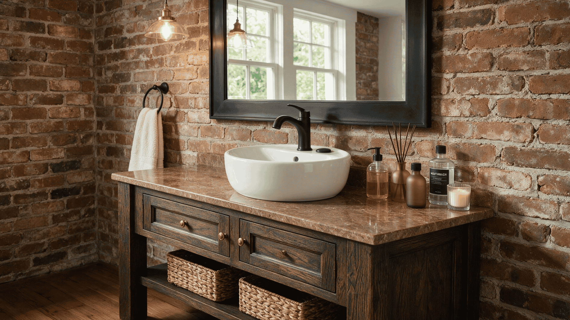 exposed brick bathroom accent wall with dark vanity and black framed mirror