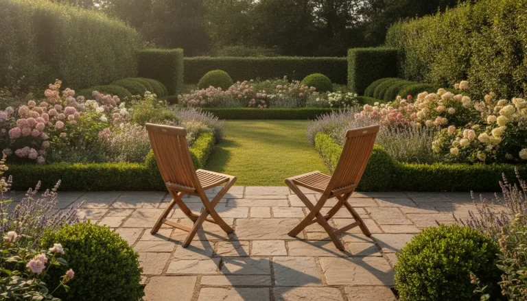 Two wooden chairs on a stone patio overlooking a manicured garden with blooming flowers