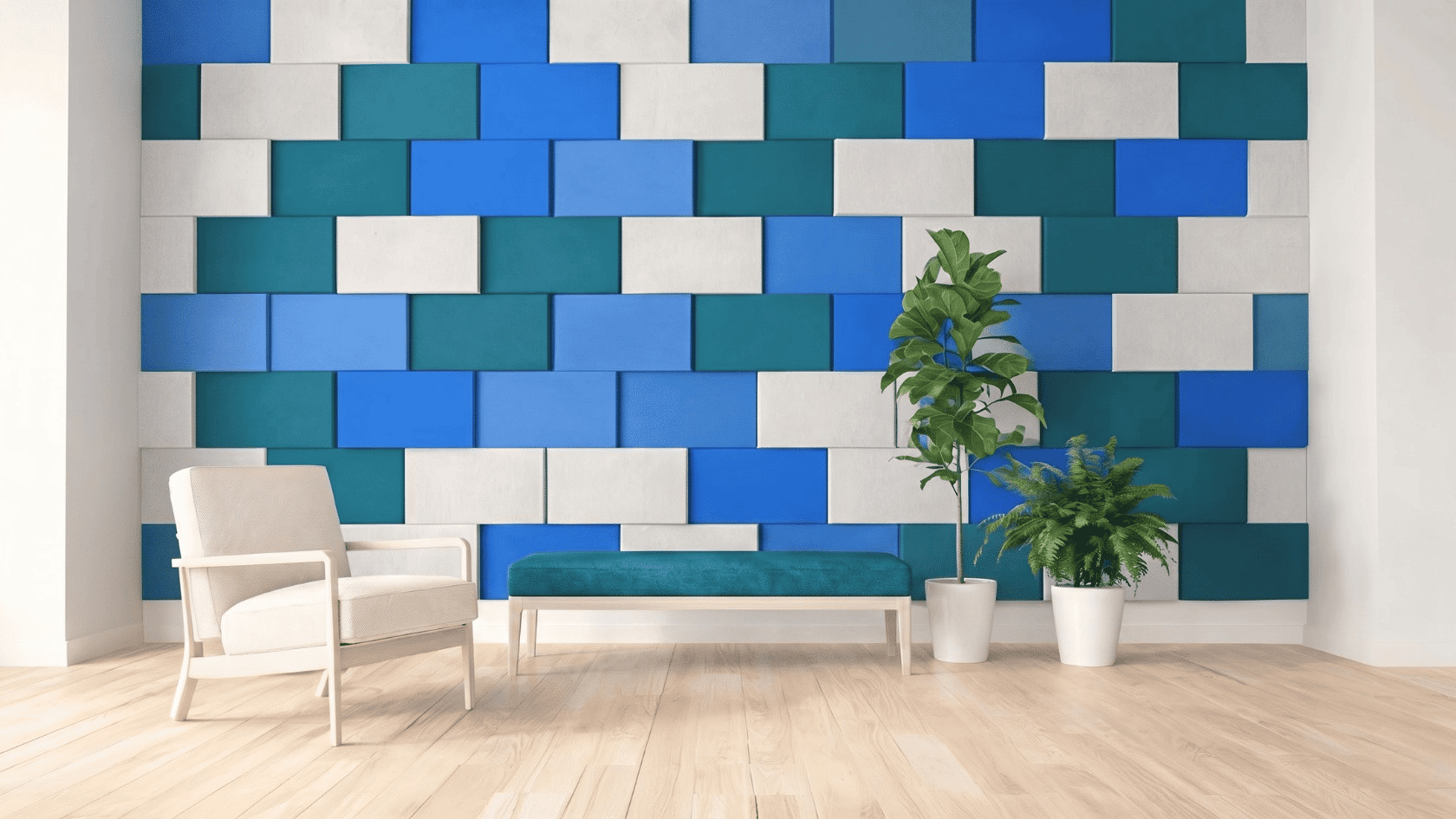 Blue and white 3D wall panels with a bench, chair, and potted plants in a modern room.