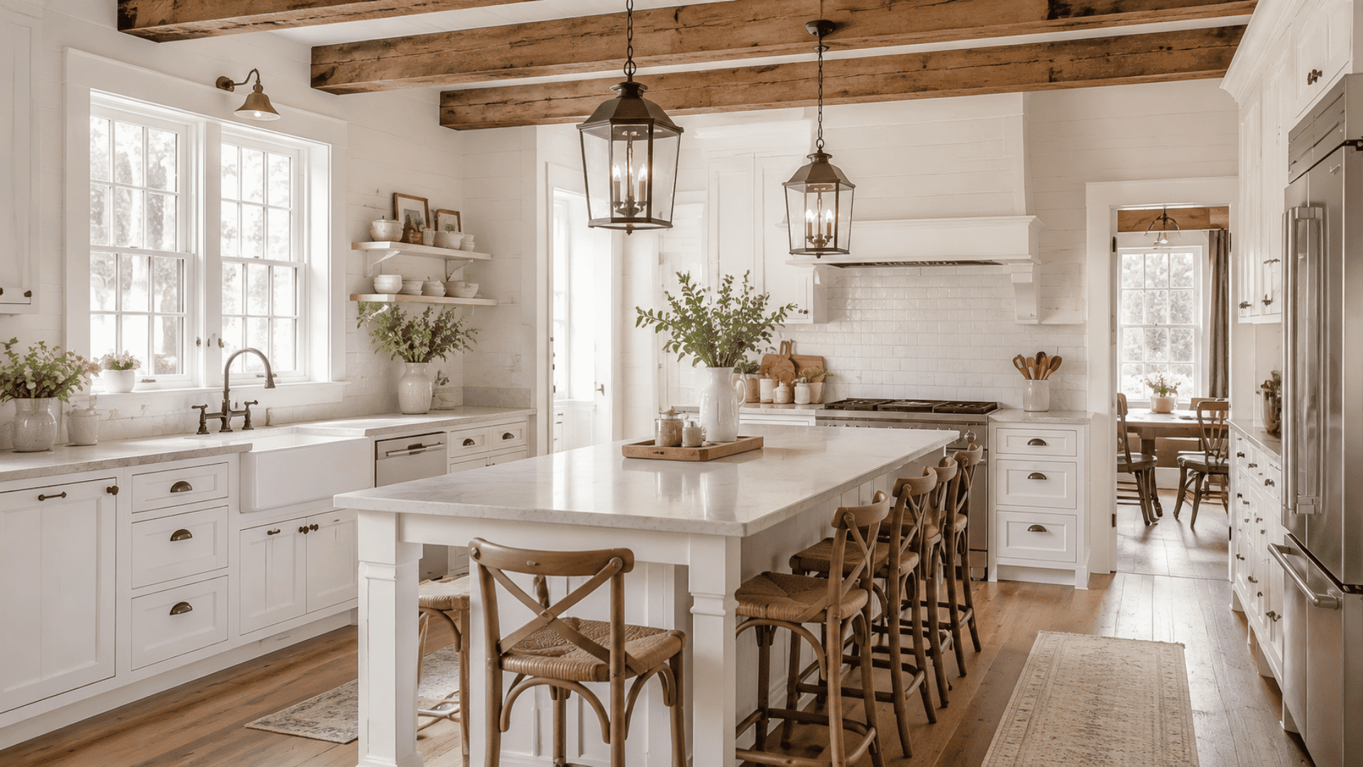 Farmhouse white kitchen with shaker cabinets, wood beams, pendant lights, apron sink, and cozy vintage details.