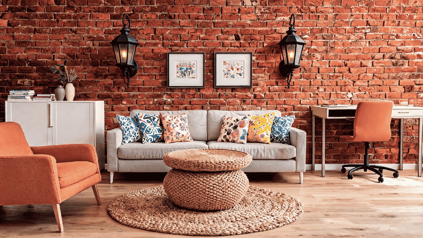 Living room with faux brick wall paneling, gray sofa, orange chairs, and round woven coffee table.