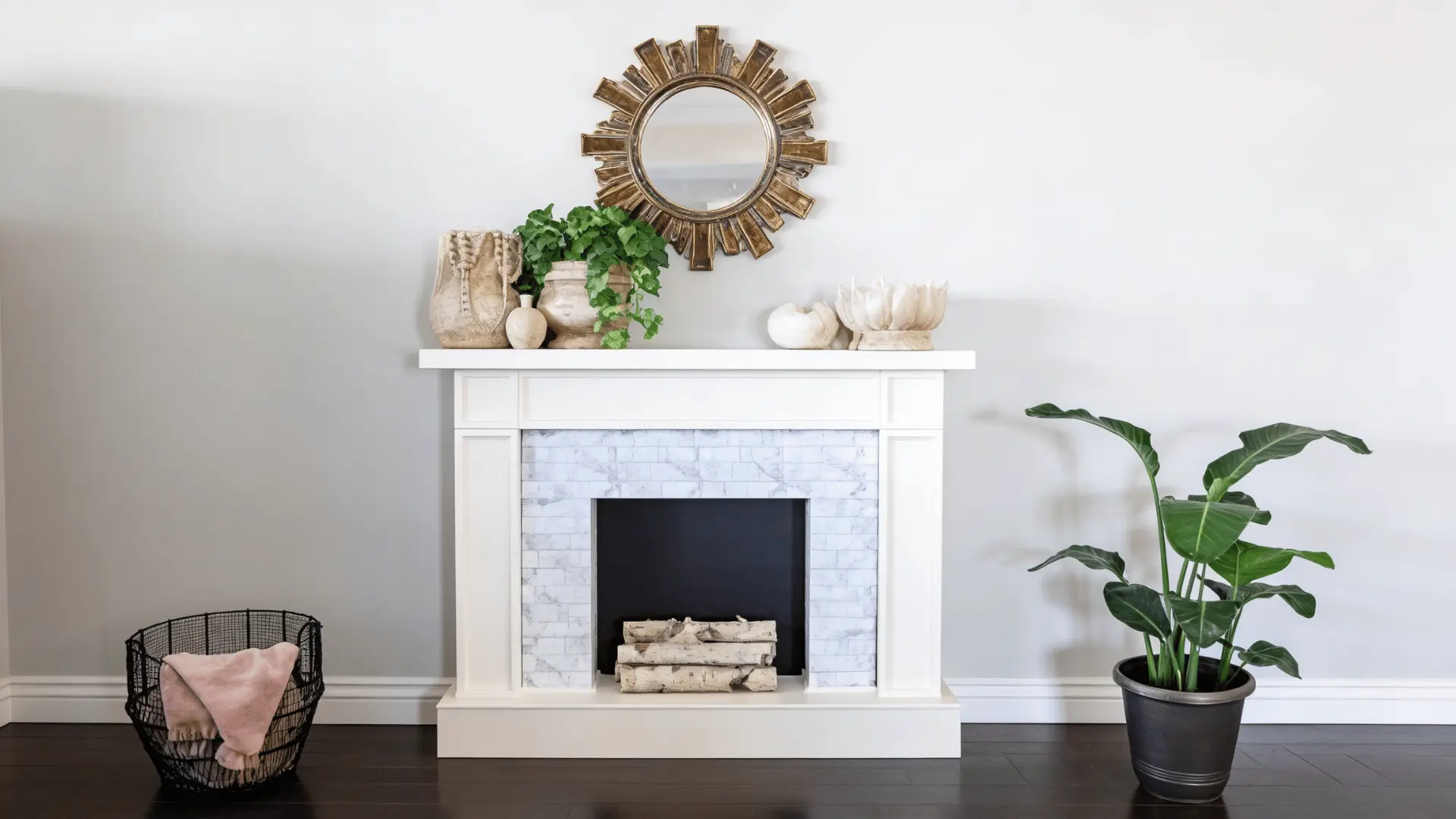 Faux fireplace with decorative setup