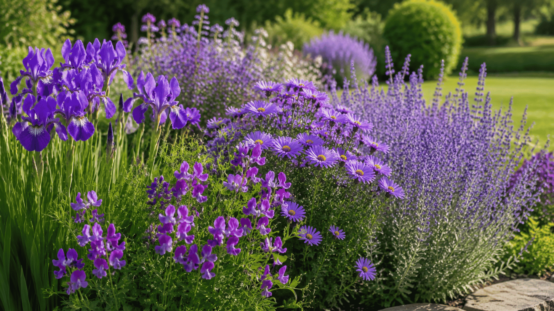 feature image of a vibrant garden filled with different types of purple flowers blooming among lush green foliage under natural sunlight (1)