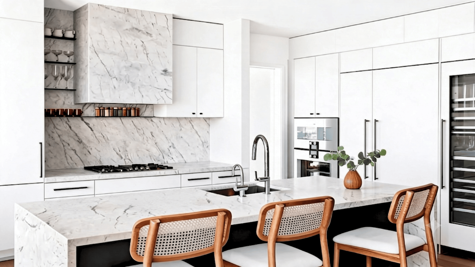 Modern all white kitchen with marble surfaces, sleek cabinets, black accents, and island seating with natural wood chairs.