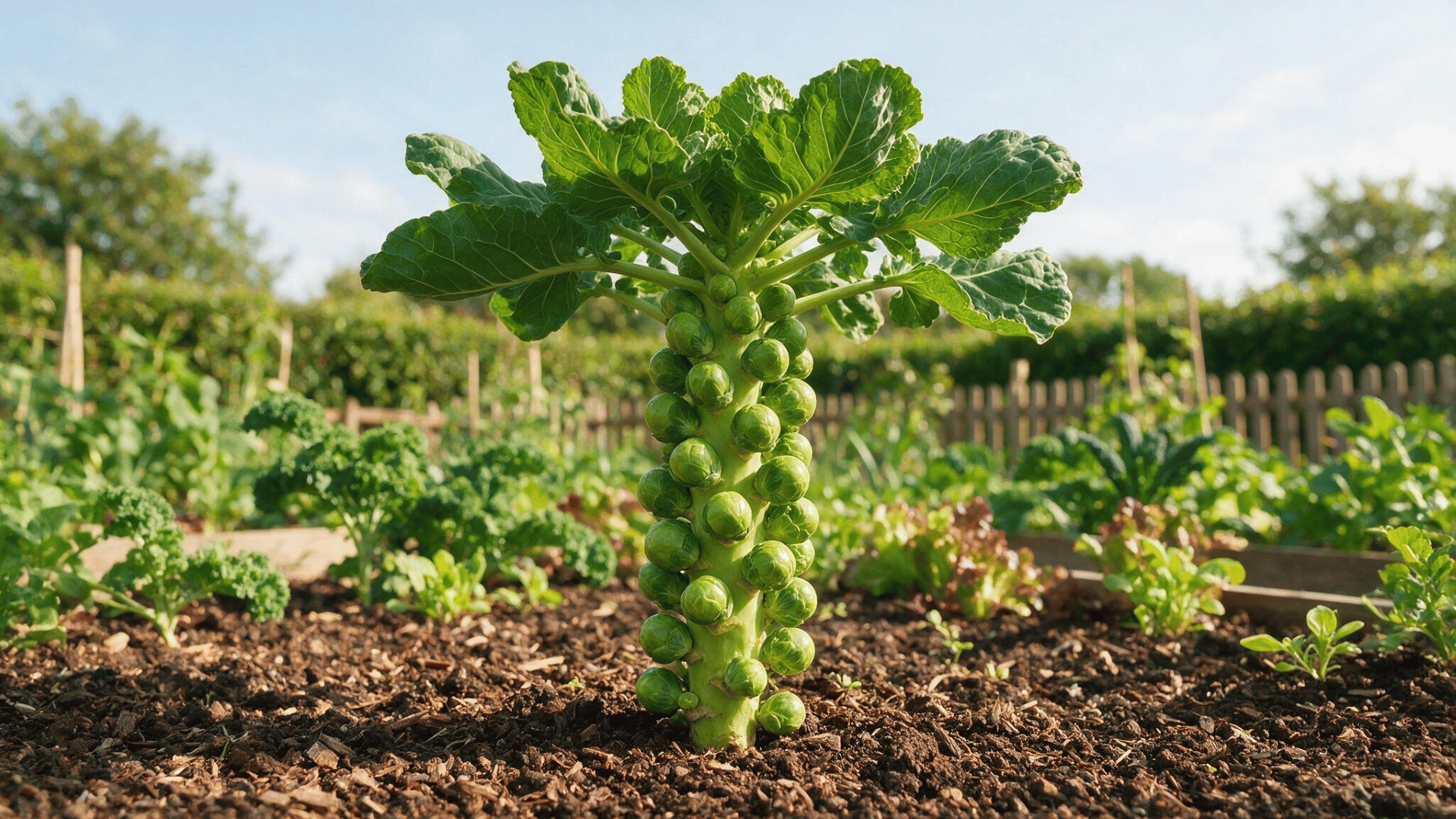 mature brussels sprout plant with firm green sprouts growing along a thick stalk in a sunny vegetable garden