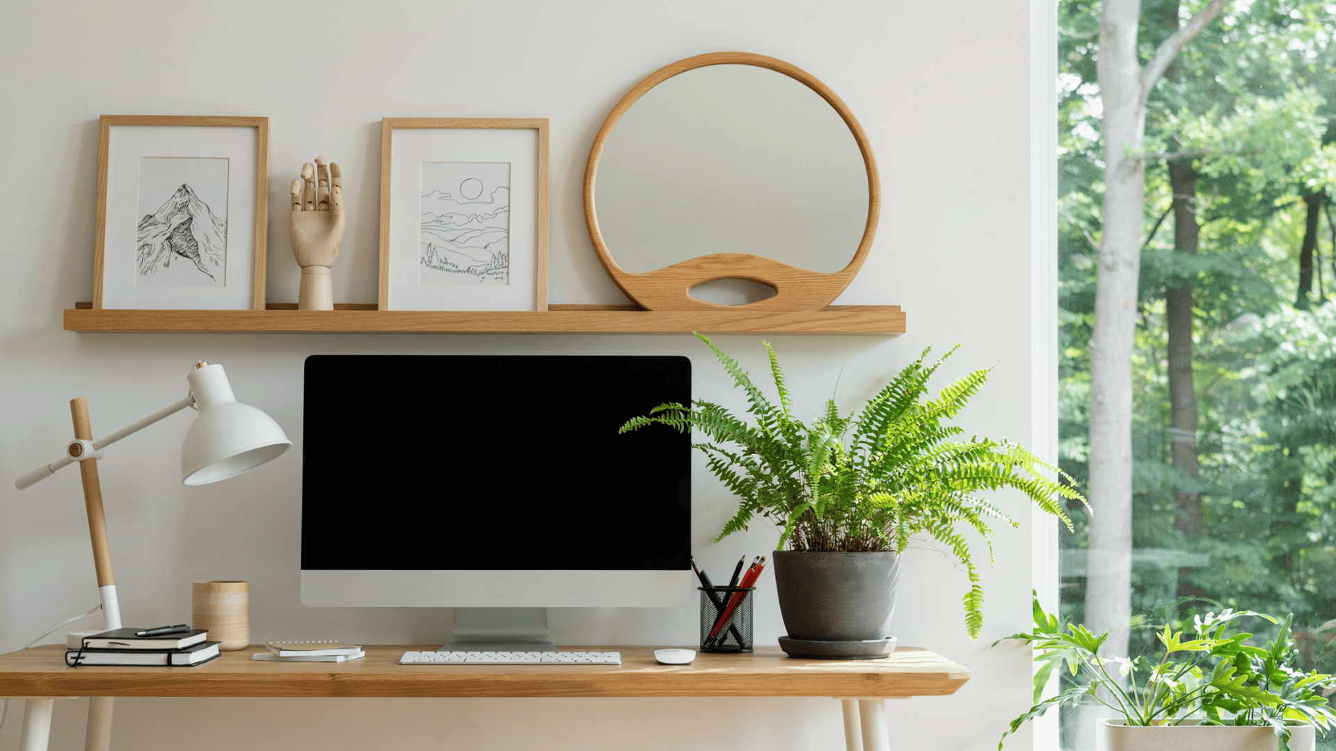 Fern plant beside desktop monitor on wooden desk with window and greenery view