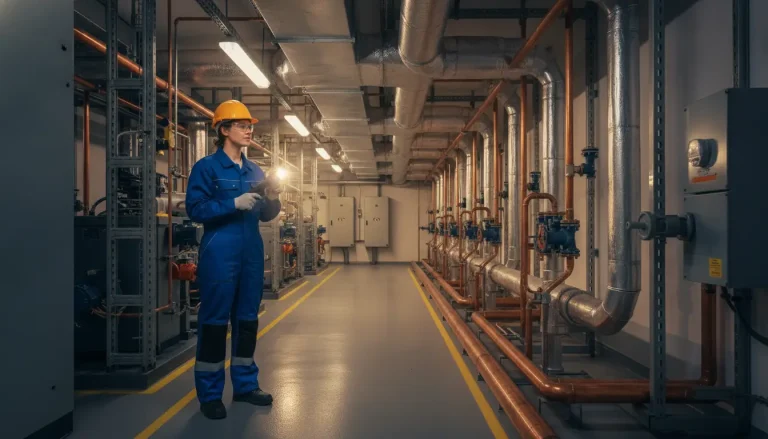 Technician in blue coveralls and hard hat inspecting industrial pipes in a mechanical room