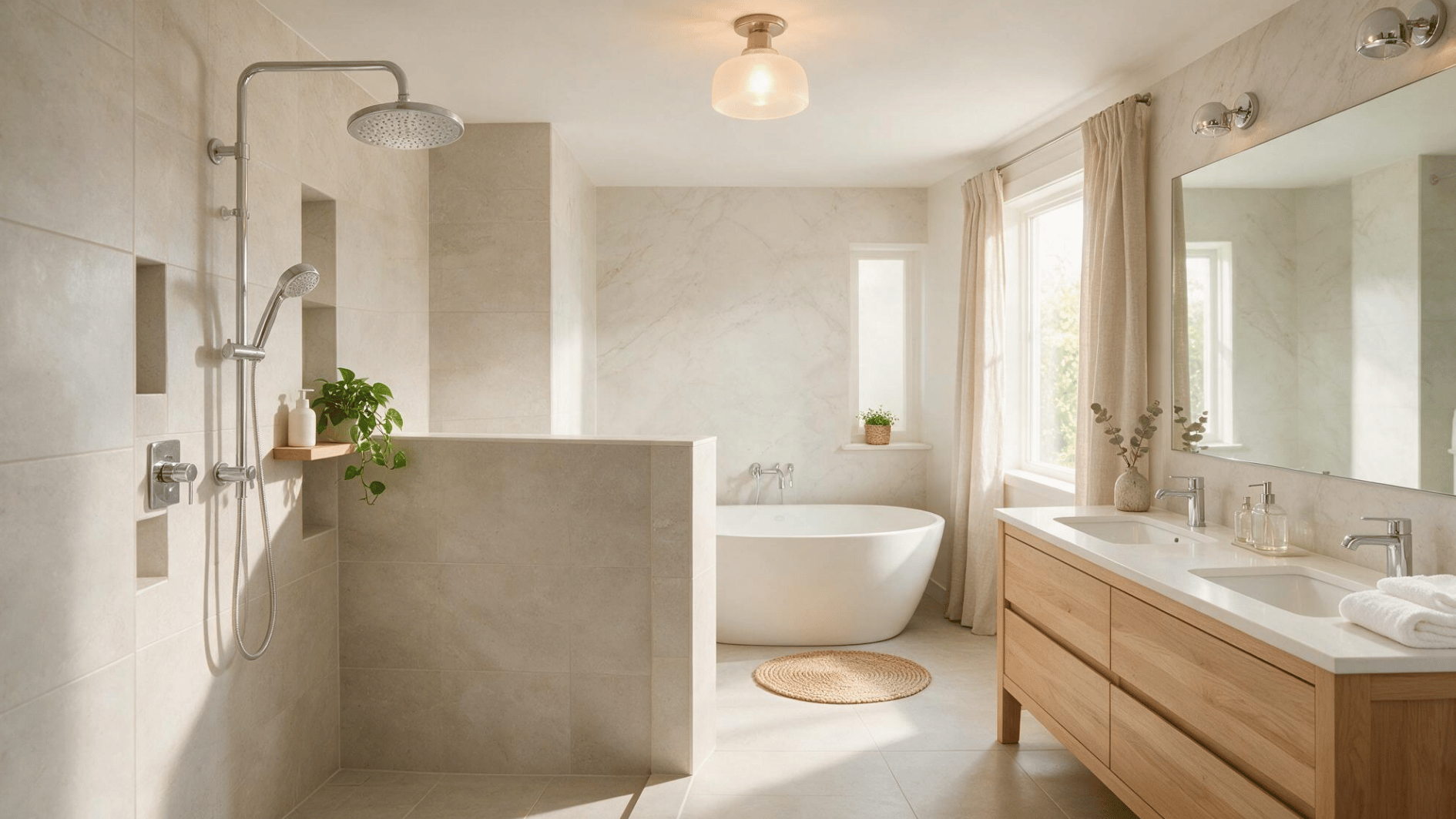 finished modern bathroom with an open half wall shower no glass above tiled knee wall and chrome showerhead in neutral tones