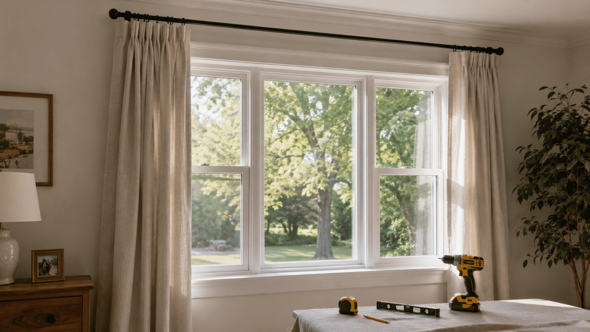 finished window with black curtain rod, beige curtains, and diy tools nearby