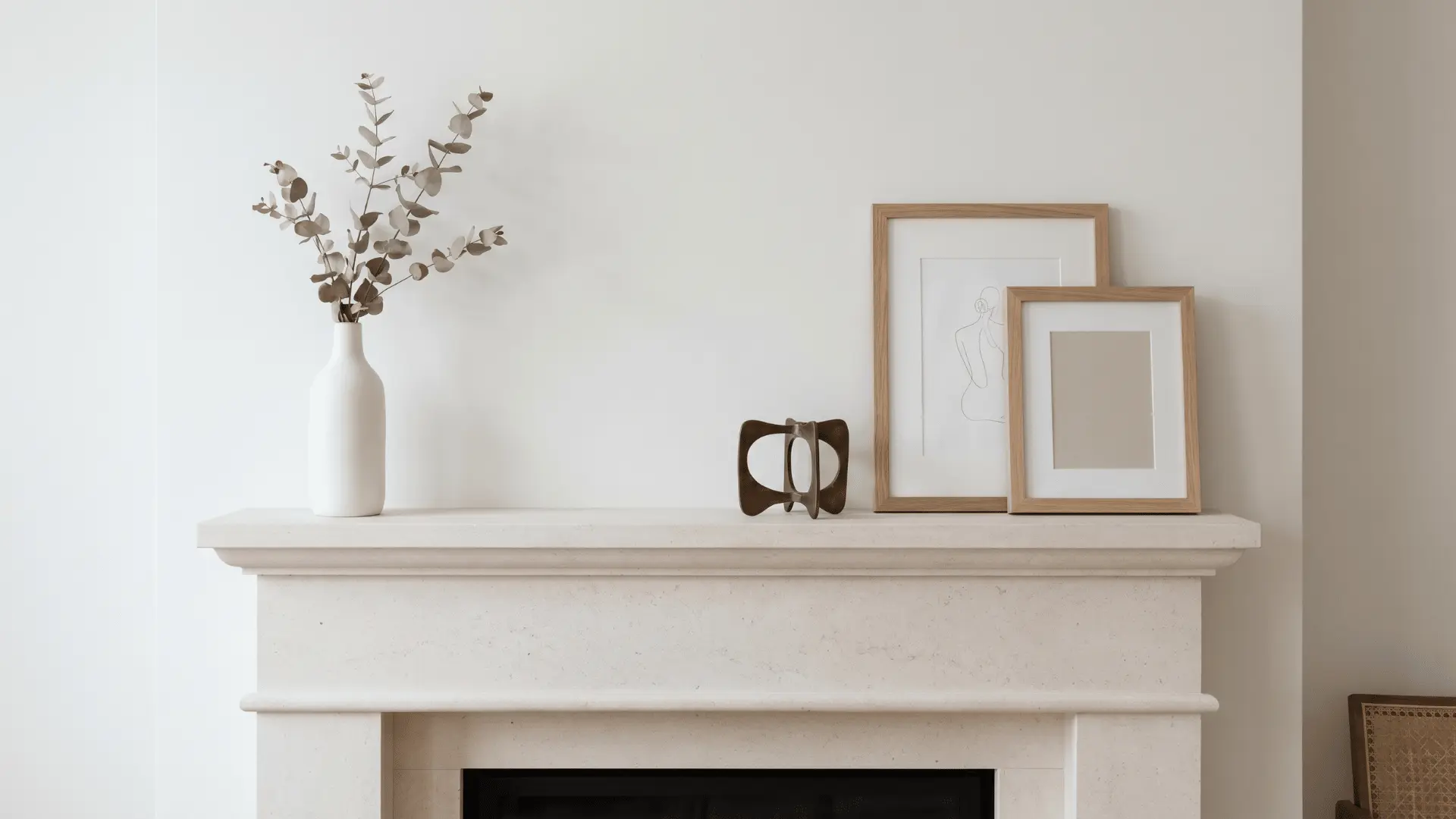 Fireplace mantel with simple and balanced decor styling