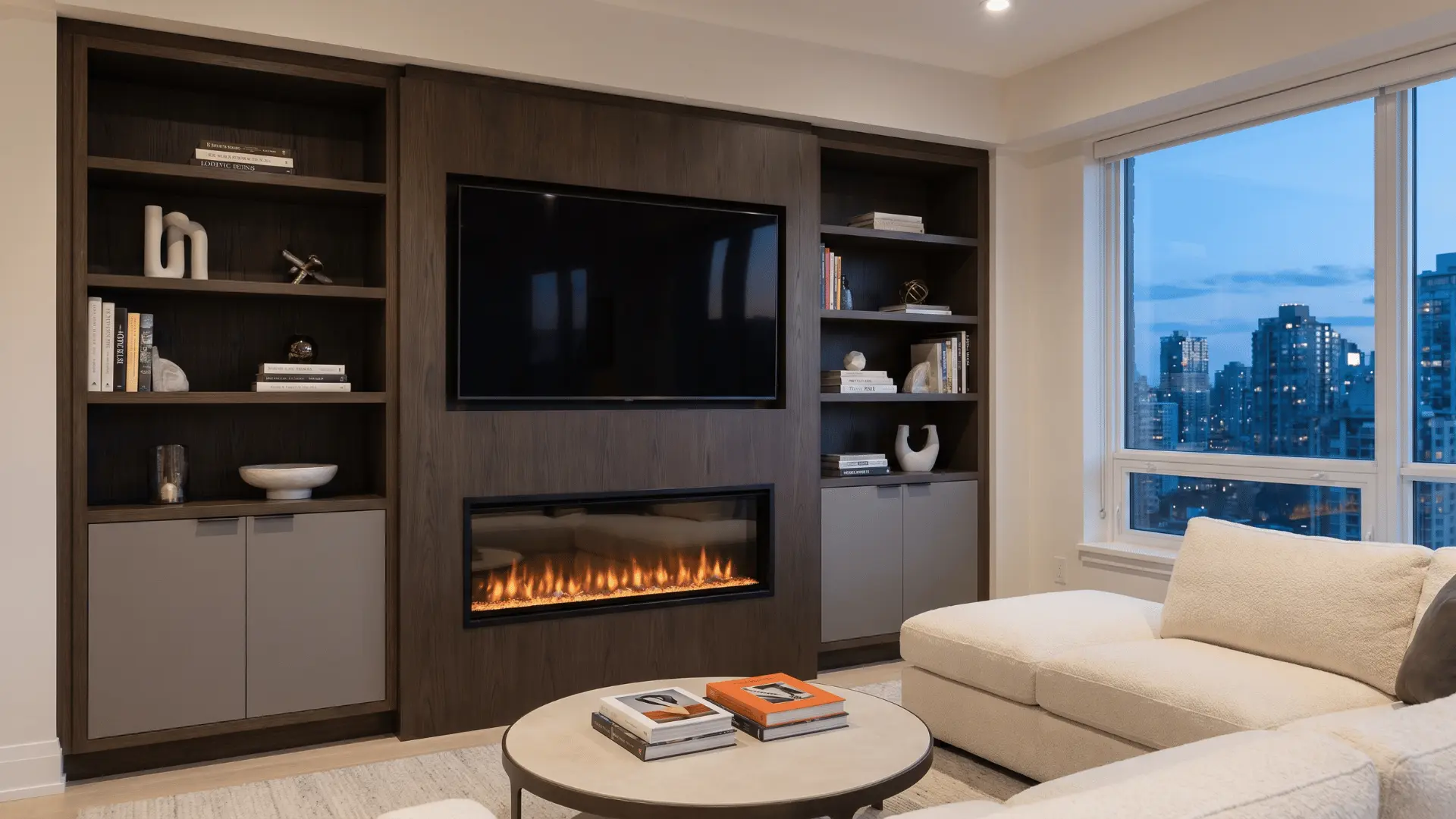 Fireplace media wall with TV setup