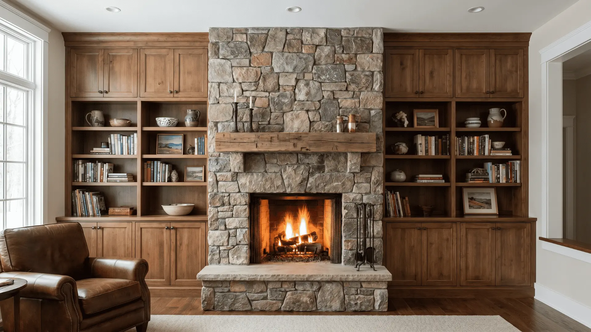 Fireplace with built in cabinets and shelving