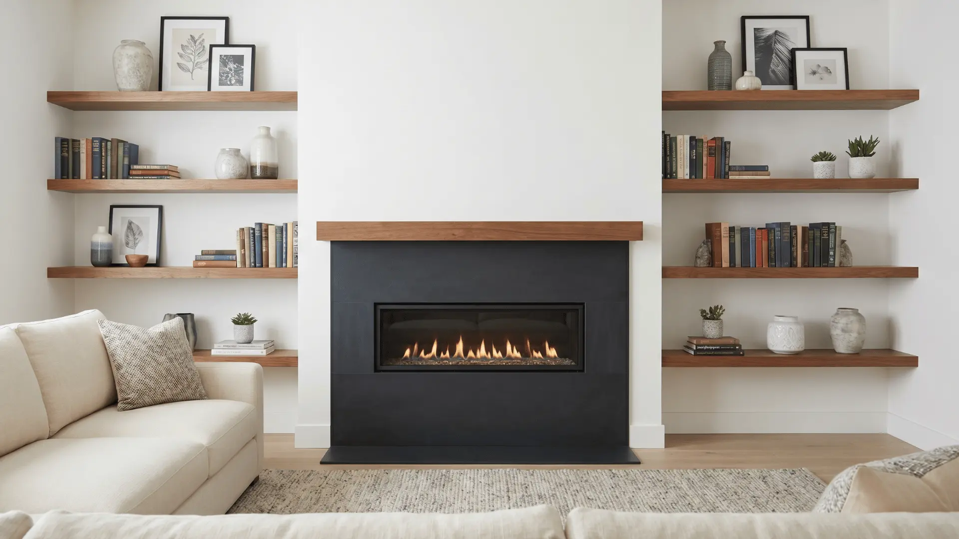Fireplace with floating shelves on sides