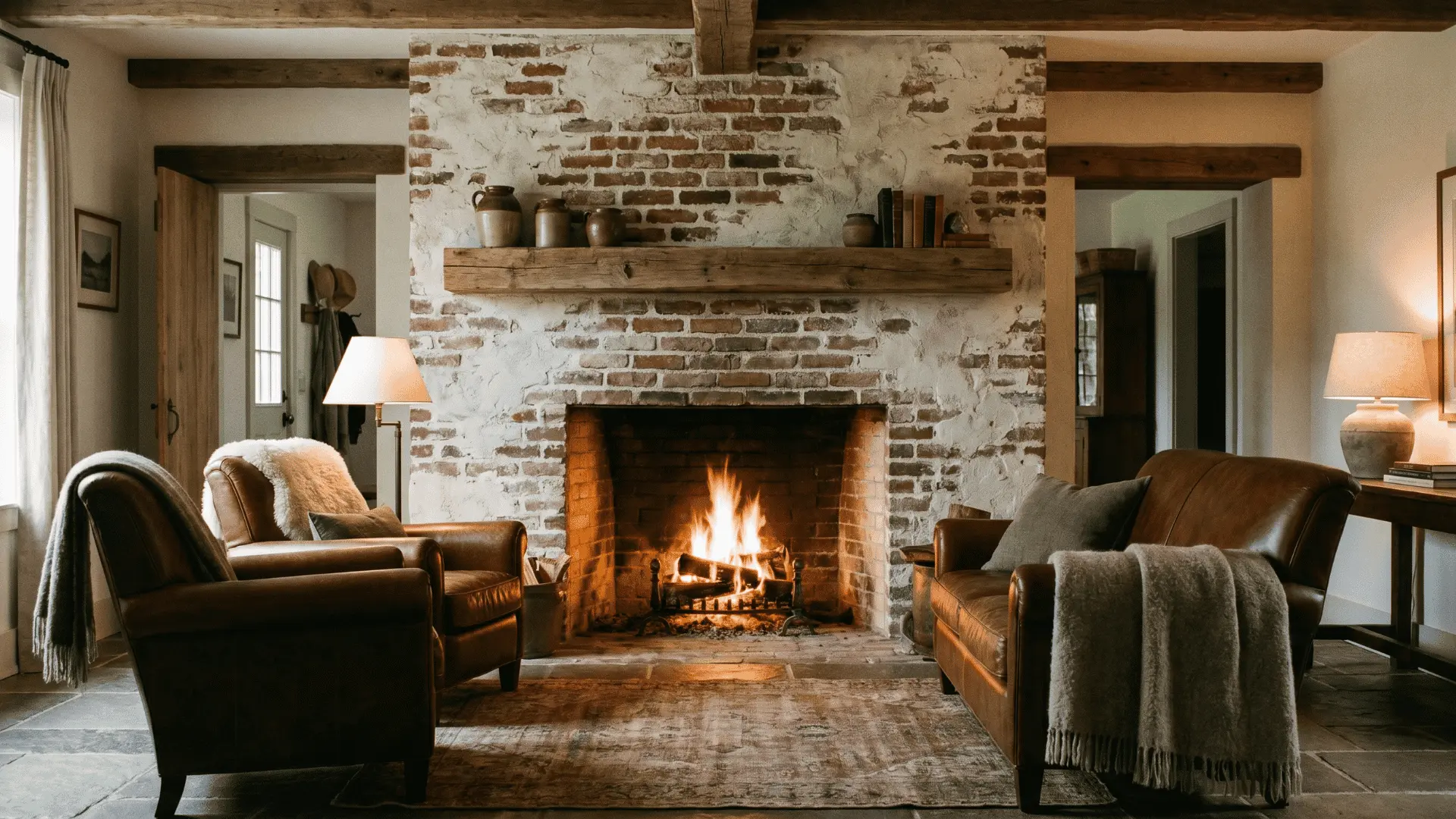 Fireplace with German schmear finish and textured brick look