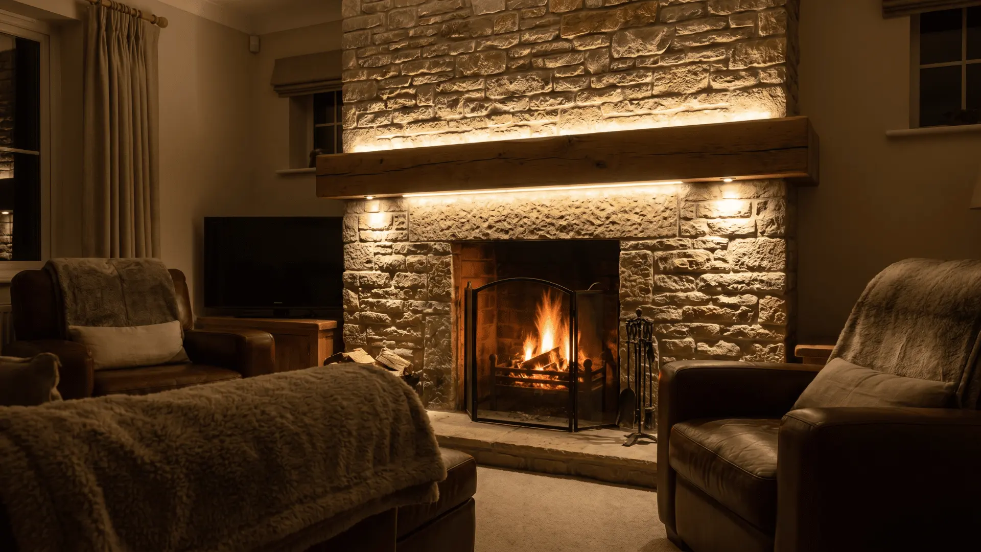 Fireplace with LED and spotlight lighting