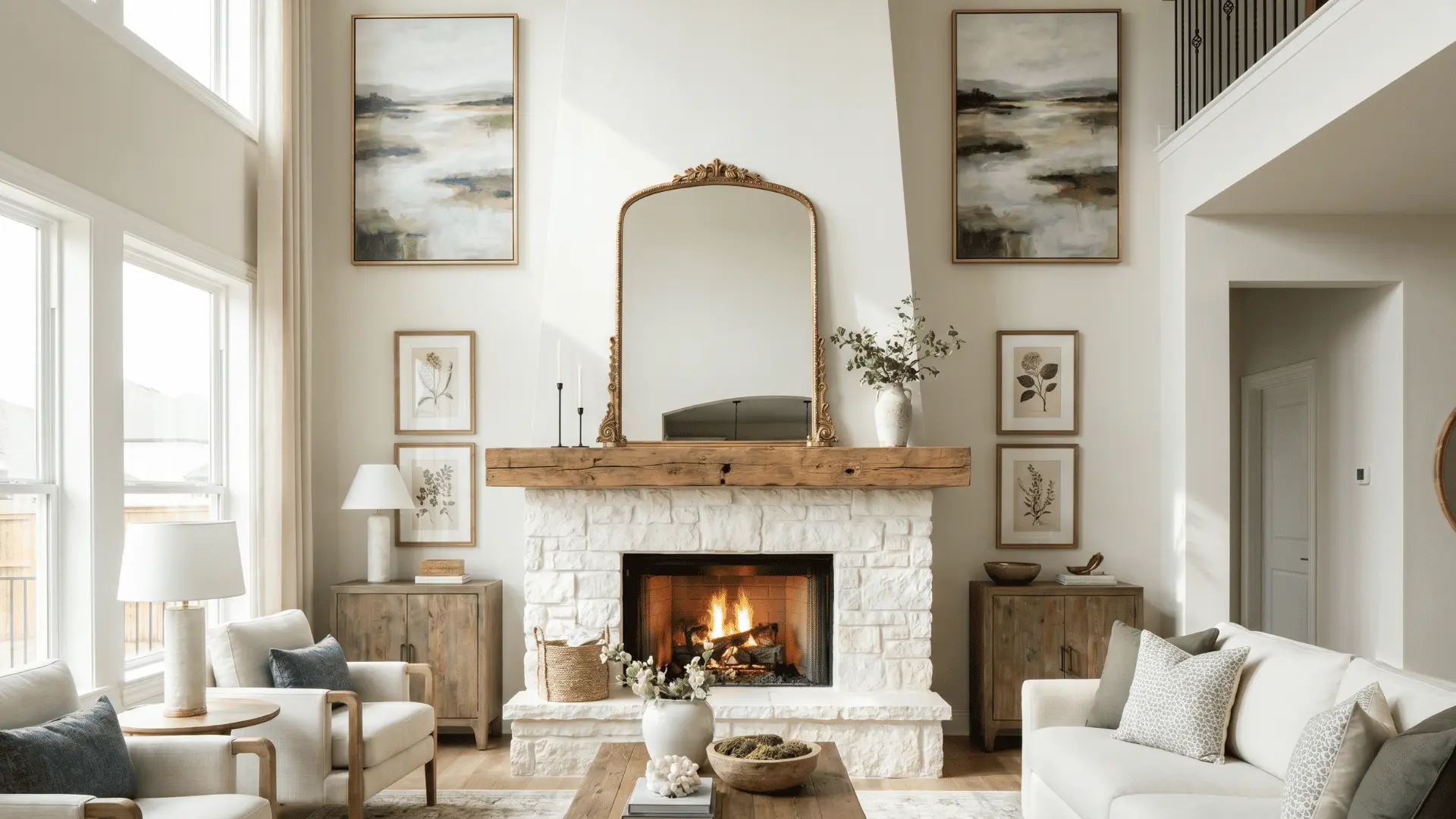 Fireplace with mirror and artwork above mantel