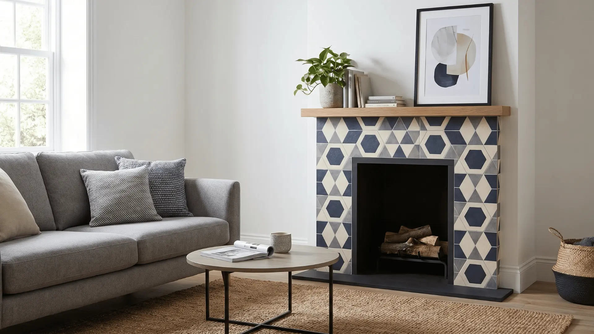 Fireplace with peel and stick tile surround