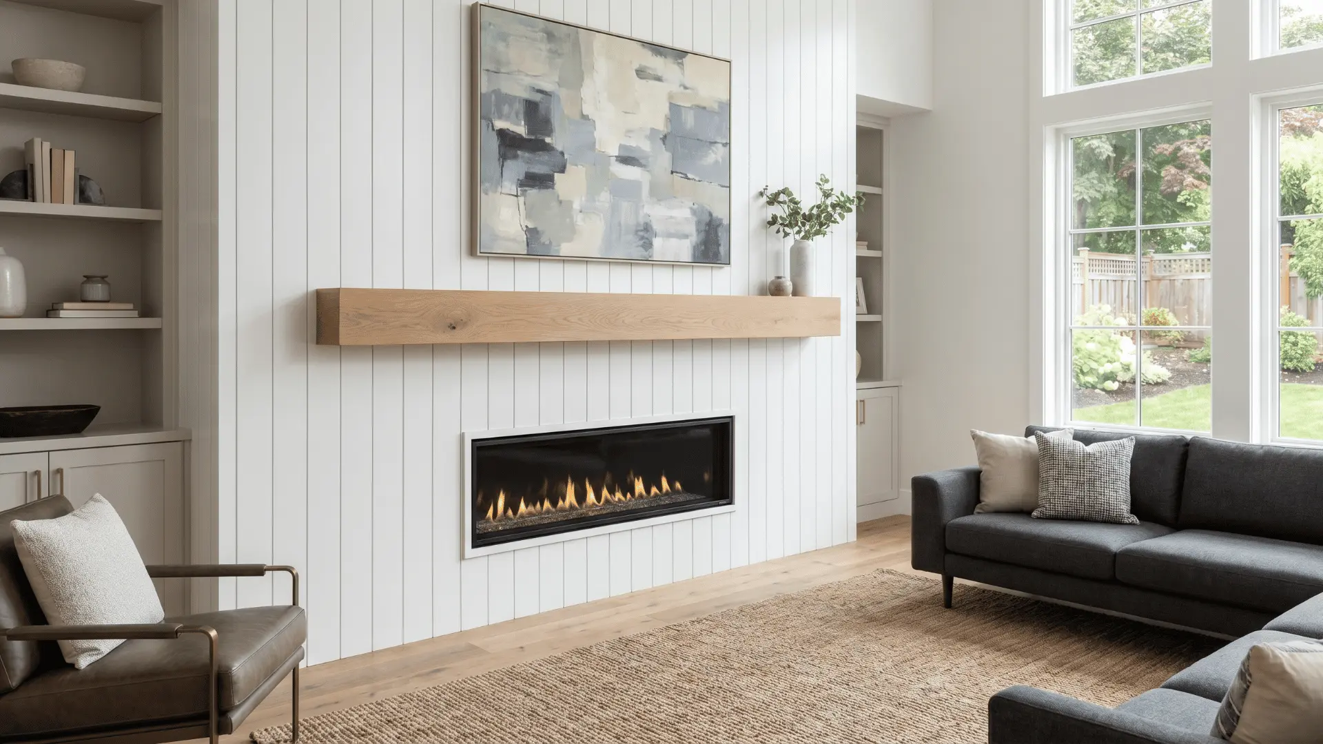 Fireplace with shiplap panel framing