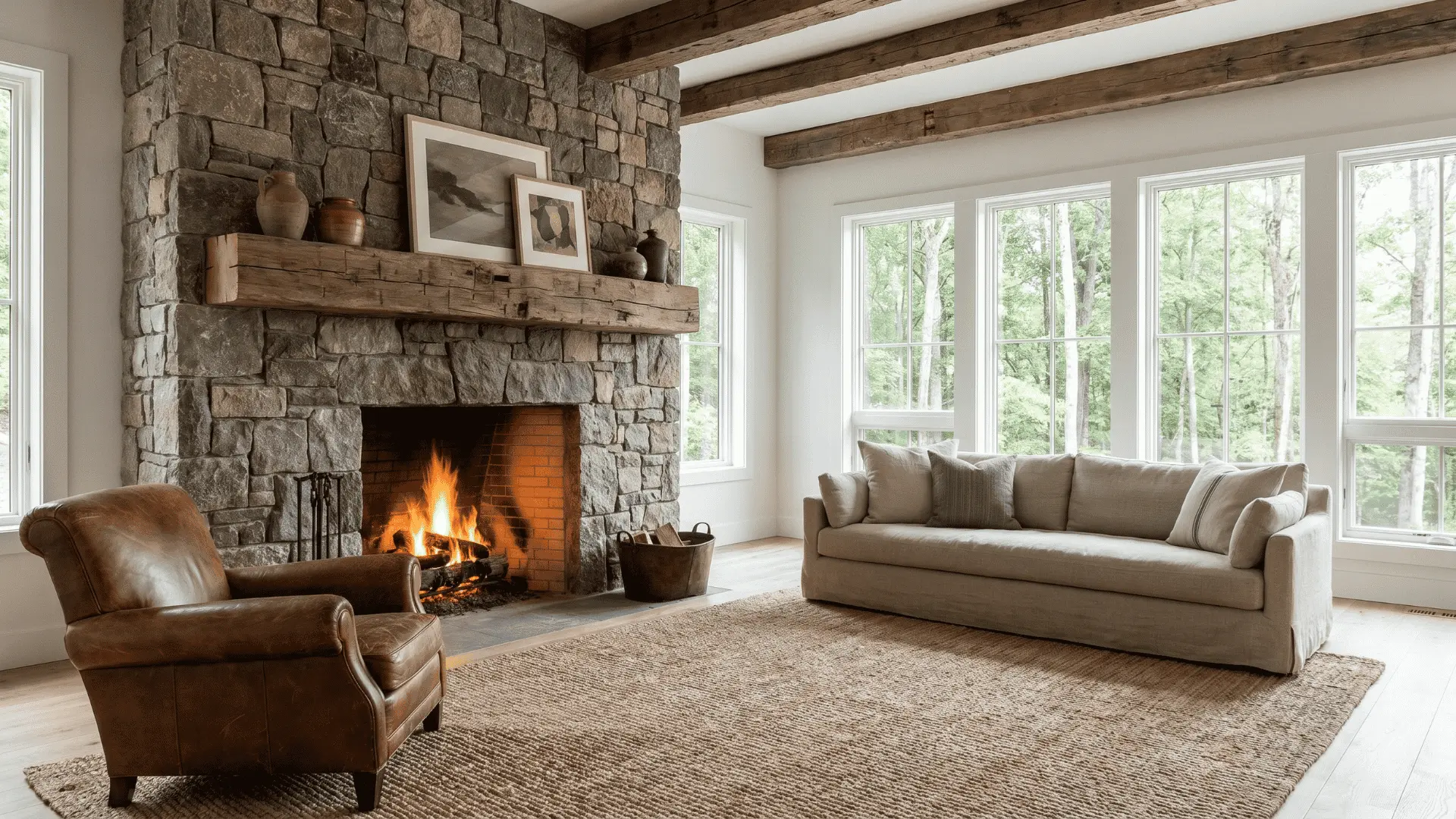 Fireplace with wood beam mantel