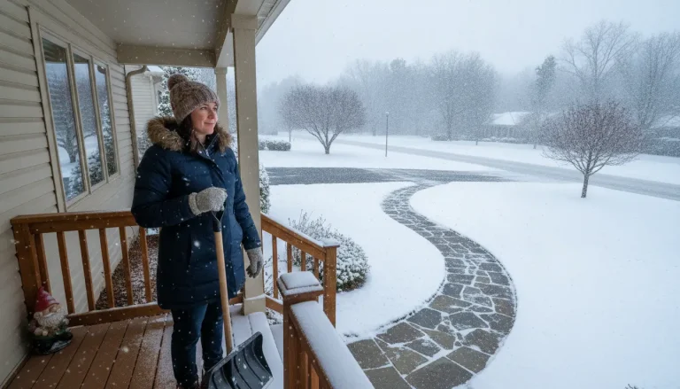 Woman in winter coat holding snow shovel on porch during snowfall