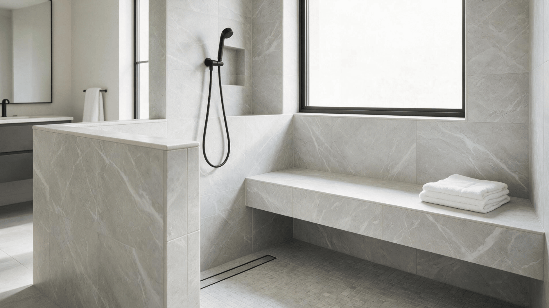 floating bench behind pony wall in a tiled walk-in shower with modern bathroom design and open layout (1)