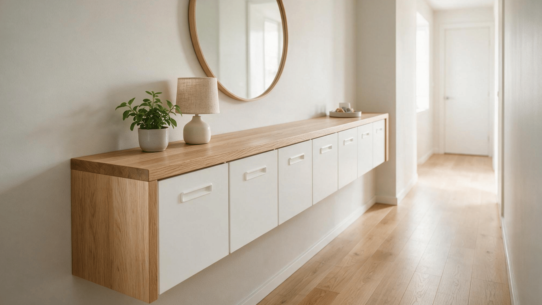 floating oak and white hallway cabinet sits beneath a round mirror with a lamp plant and small tray on its top