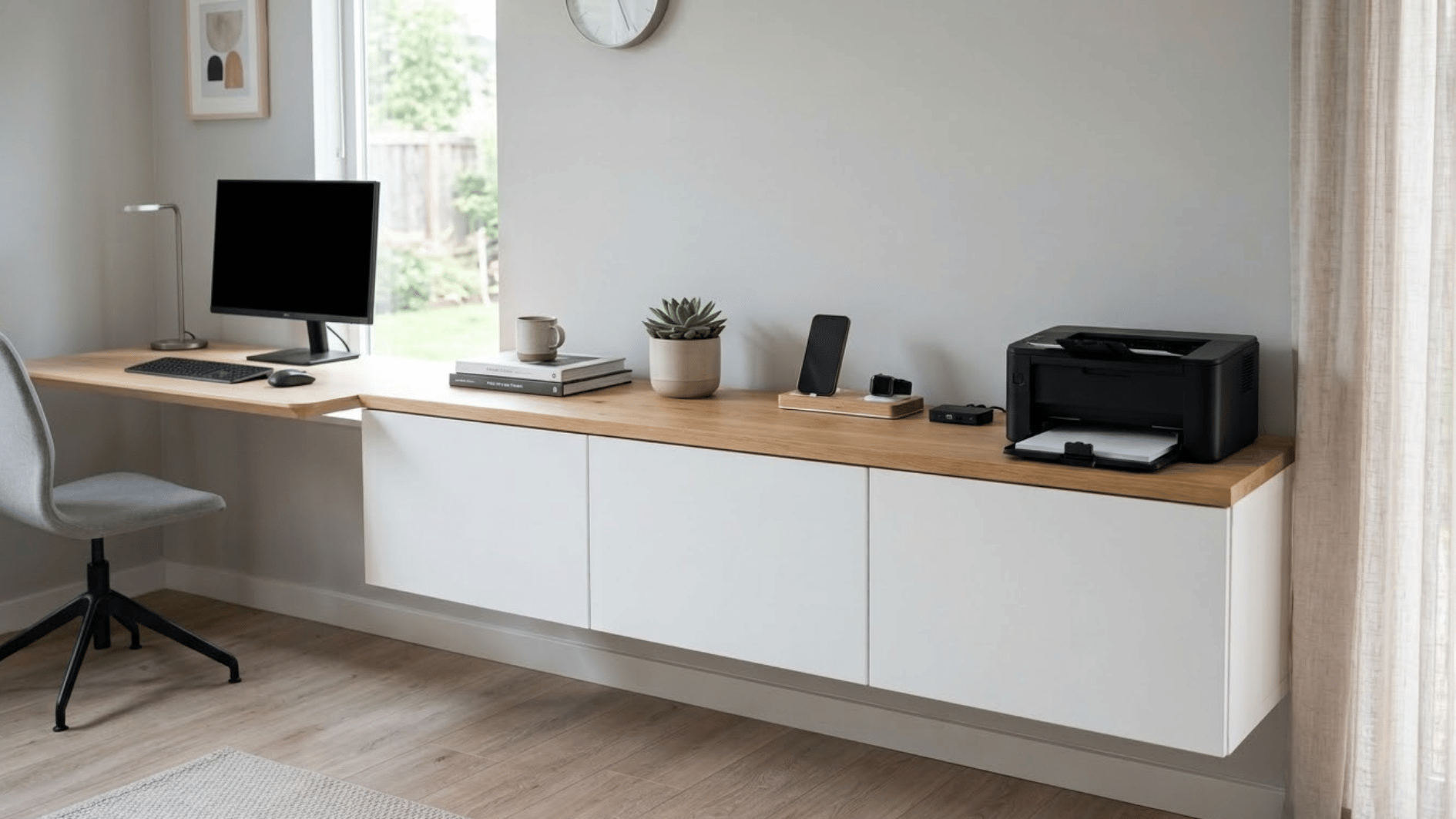 floating white office credenza with oak top printer charging dock books plants computer desk and soft daylight (1)