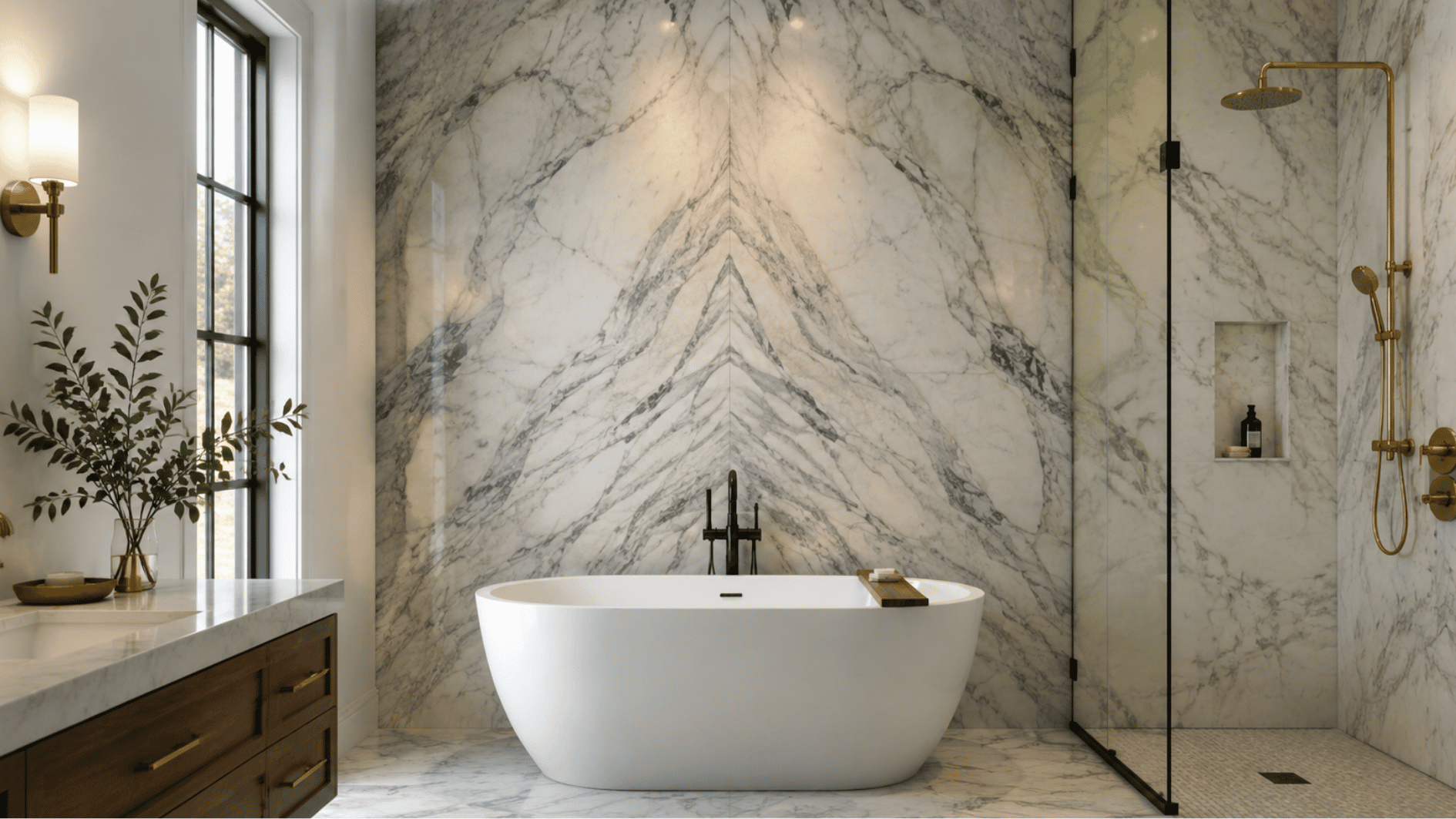 floor to ceiling marble accent wall in a modern bathroom with seamless veining and freestanding tub