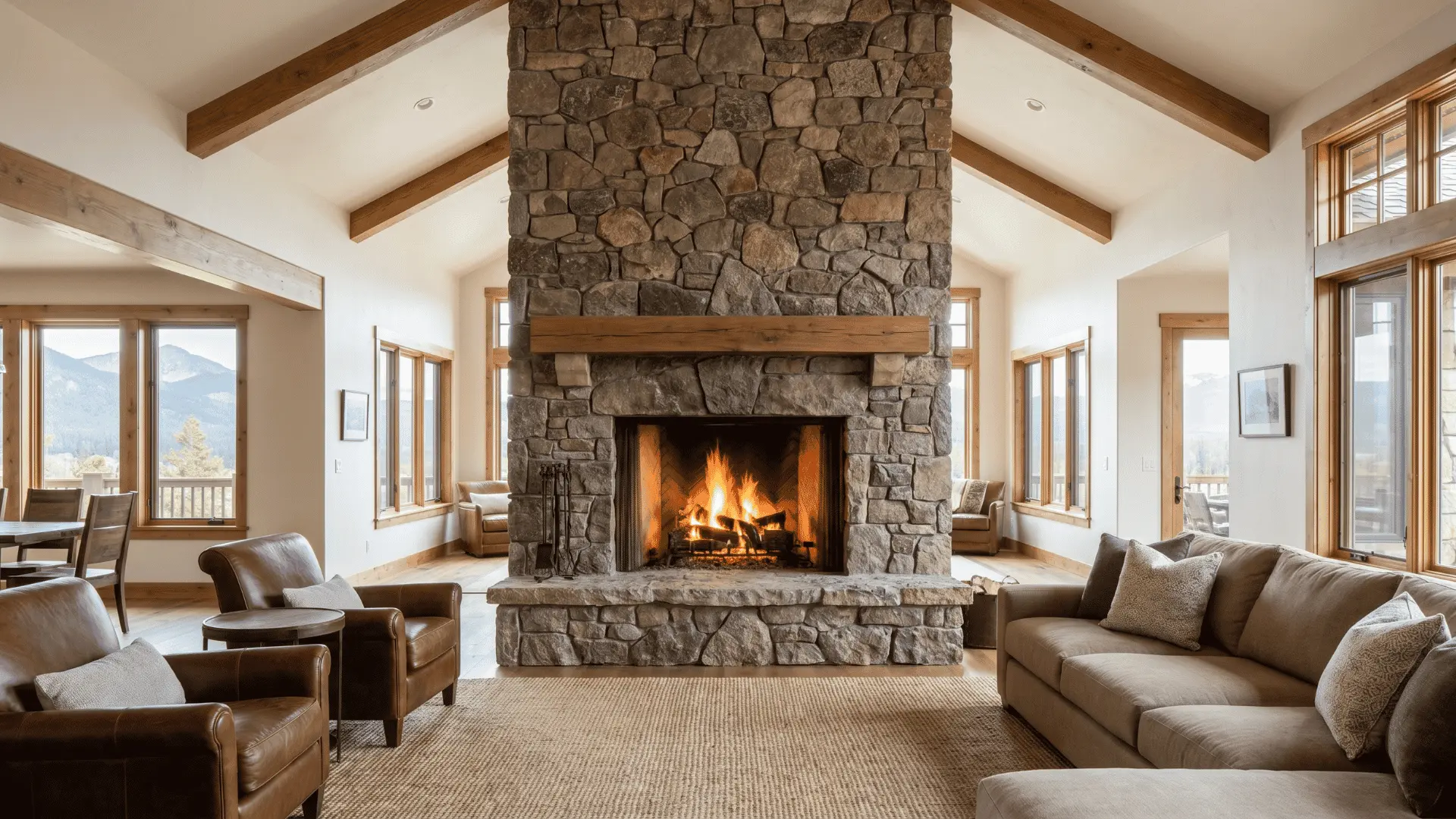 Floor to ceiling stone fireplace design