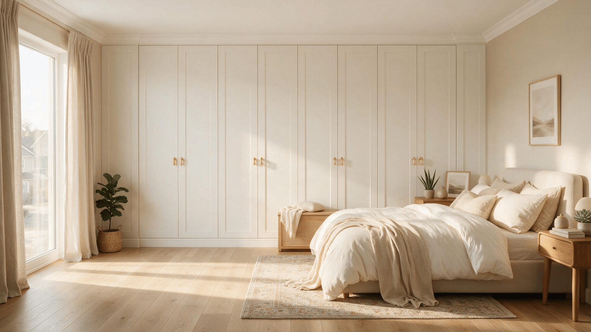 floor to ceiling white wardrobes with brass handles beside a neutral bed in a bright modern bedroom warm decor