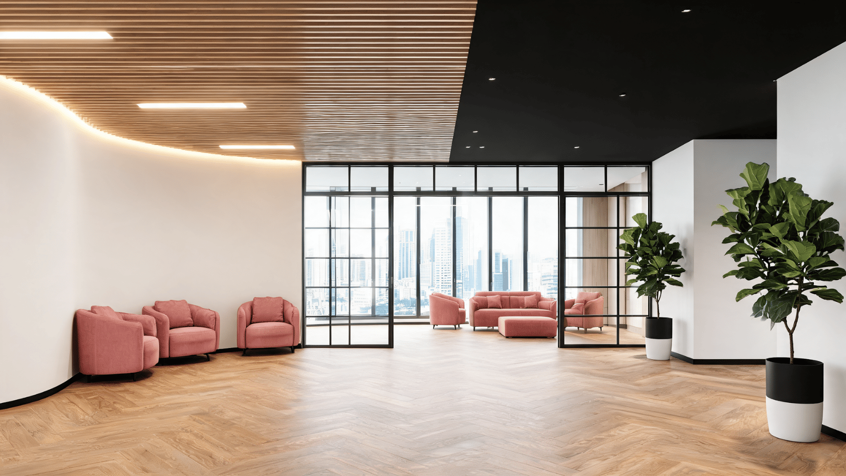 Modern office lobby featuring slatted wood ceiling panels, pink armchairs, and glass partitions.