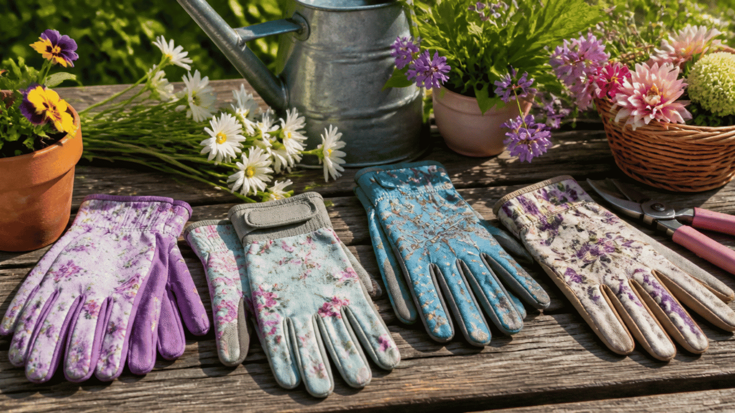 Floral gloves showing different styles of best gardening gloves for women’s planting and garden care tasks.