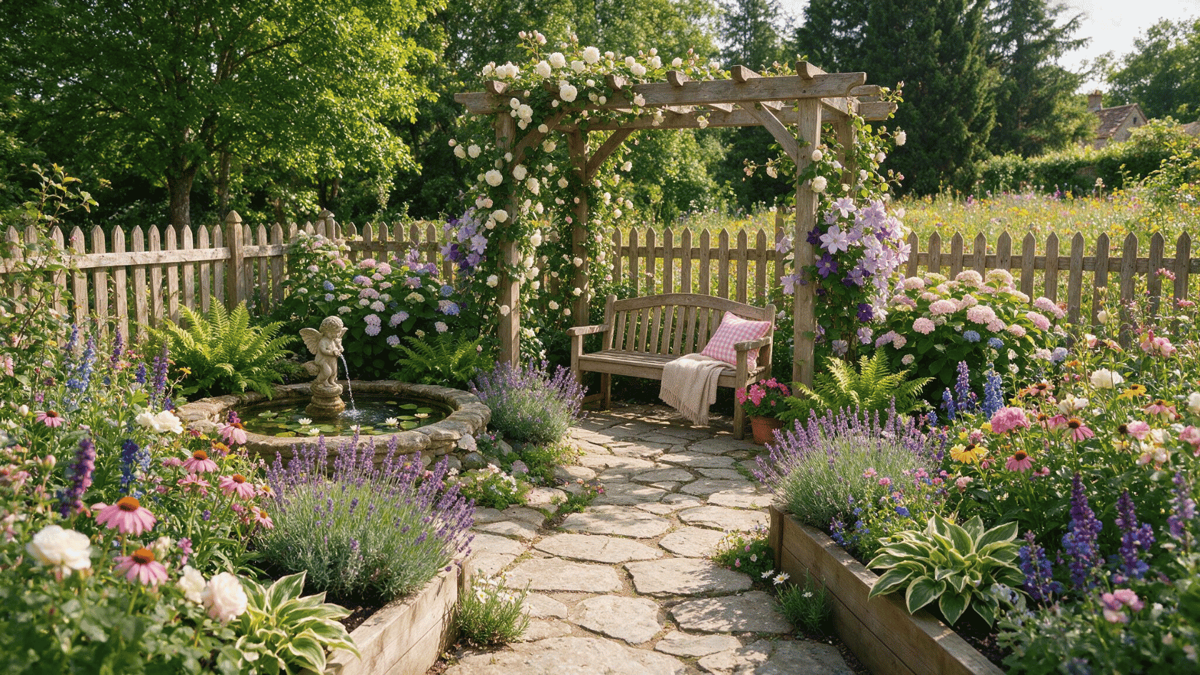 Flower-filled garden meditation space with bench, pergola, fountain, stone path, and colorful plants.