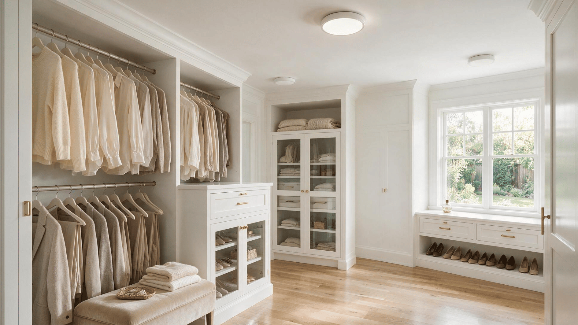 flush mount ceiling fixture providing bright even lighting inside a small walk in closet